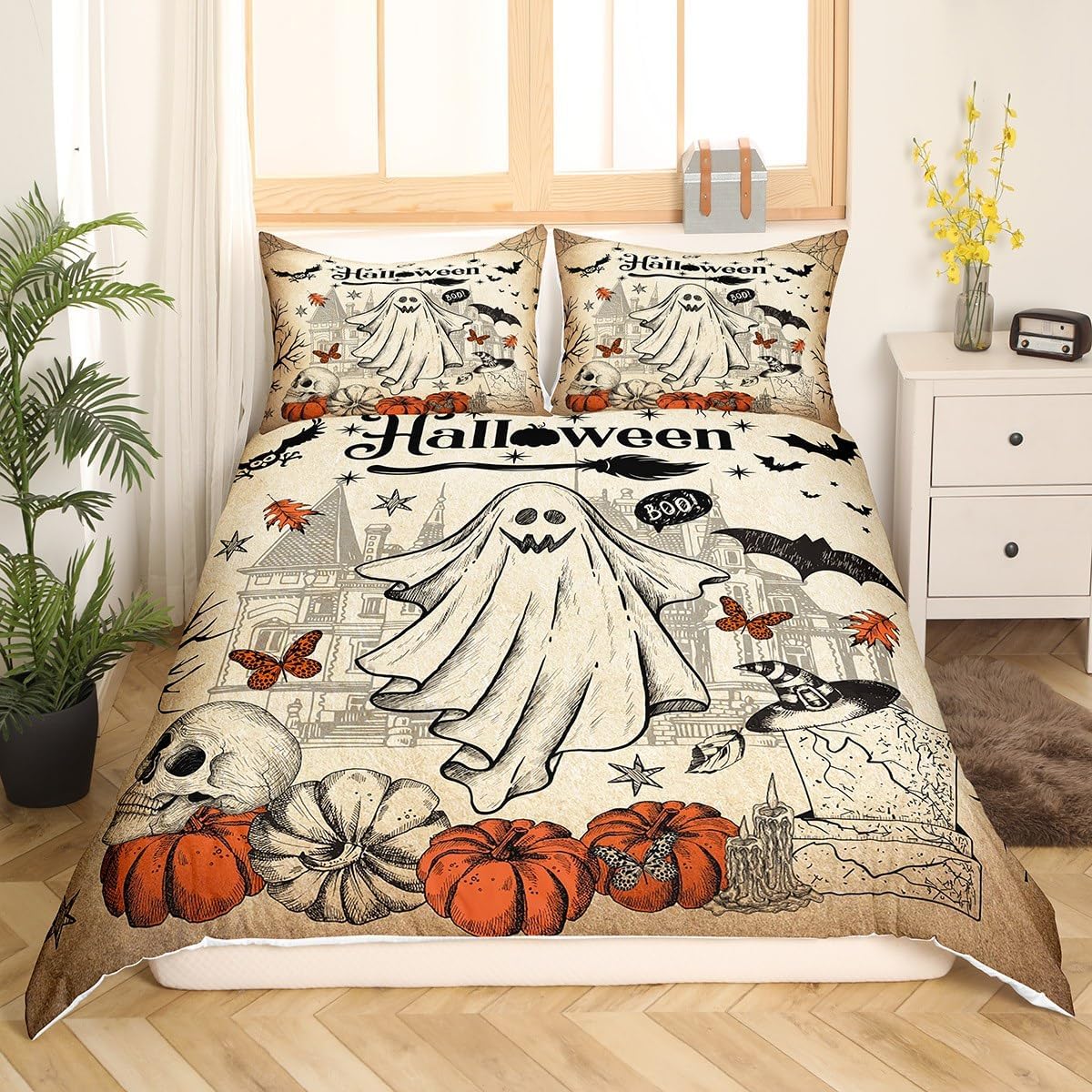 Lindo juego de funda de edredón de fantasma, tamaño individual para niños y niñas, juego de ropa de cama de calabaza y calavera de azúcar, funda de