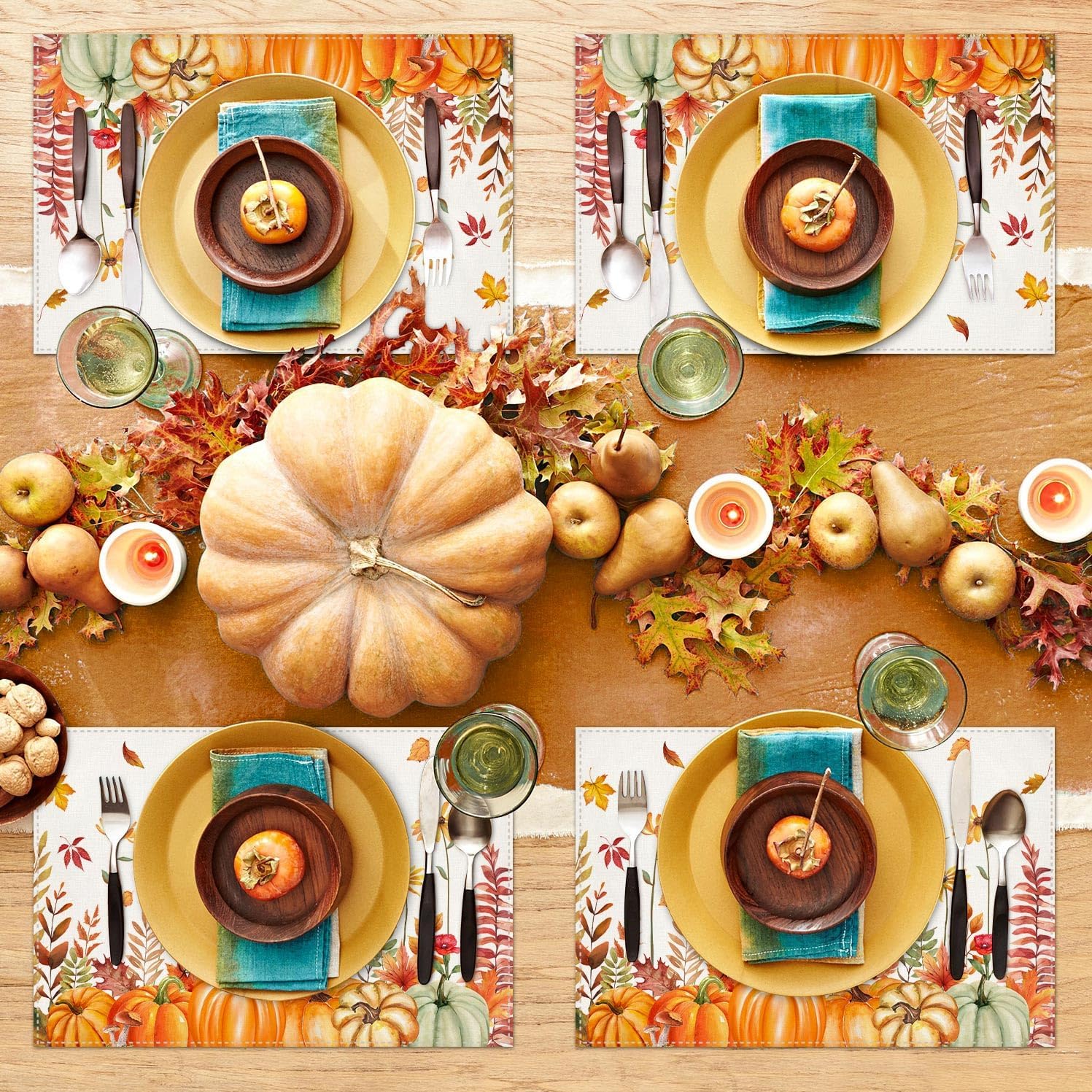 BLKWHT Manteles individuales florales de calabaza de otoño para mesa de comedor, 12 x 18 pulgadas, decoración rústica y lavable, juego de 4 manteles