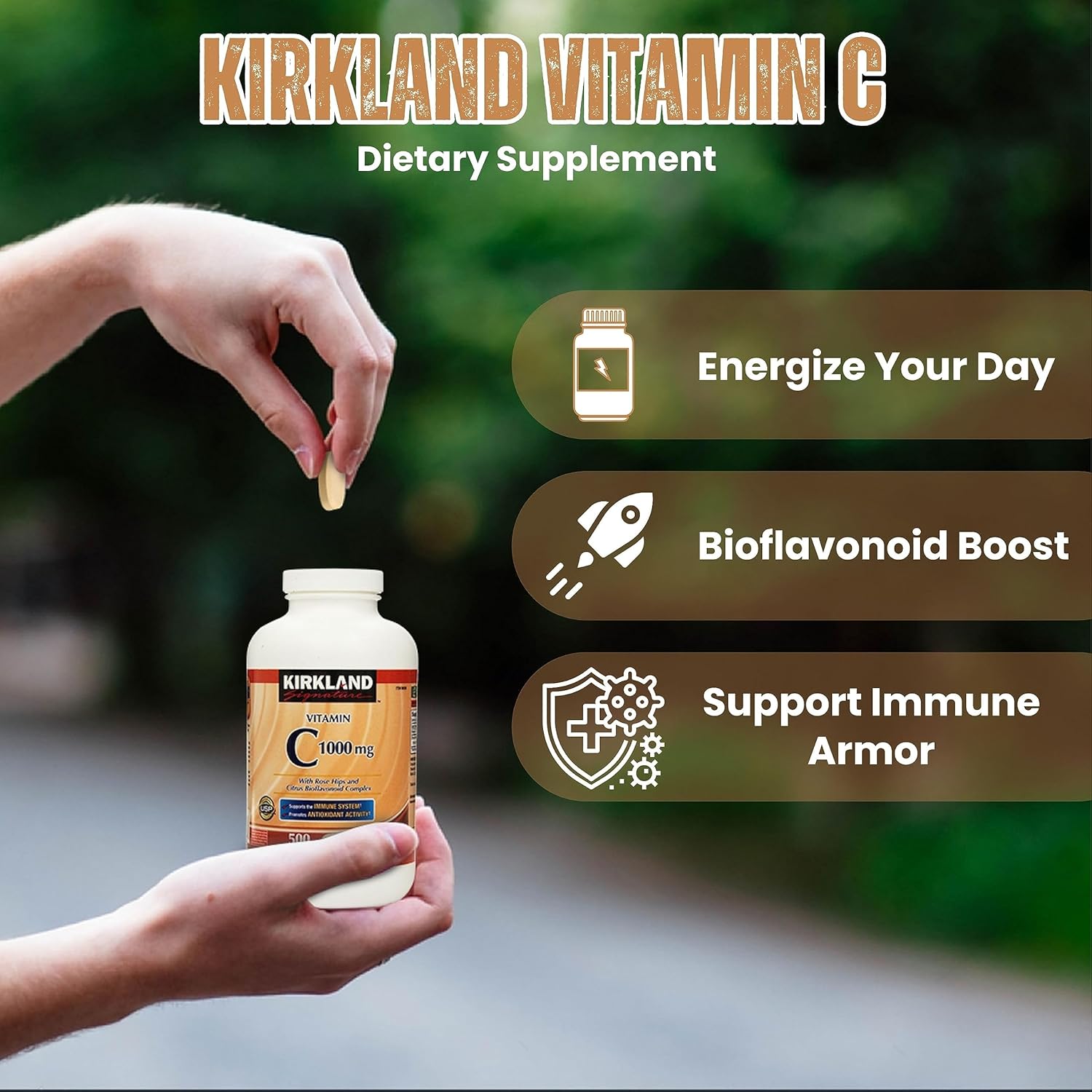 Worldwide Nutrition Bundle Kirkland Vitamina C con Rose HIPS y complejo de bioflavonoides cítricos (vitamina C 1000 mg)  500 tabletas de suplemento