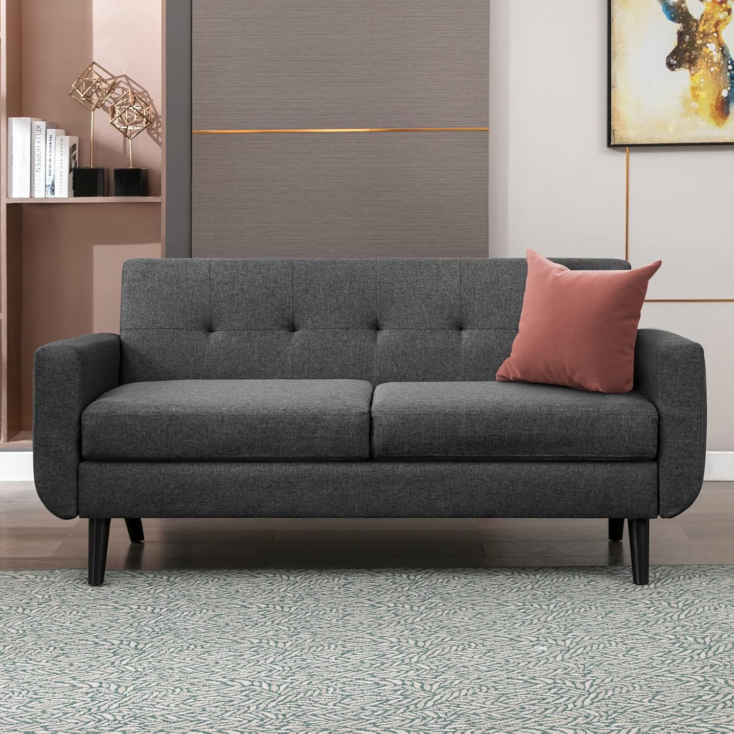 Sofá biplaza de 68 pulgadas con cojín tapizado de 5.9 pulgadas, cómodo sofá de tela con patas de madera y asiento acolchado para sala de estar,