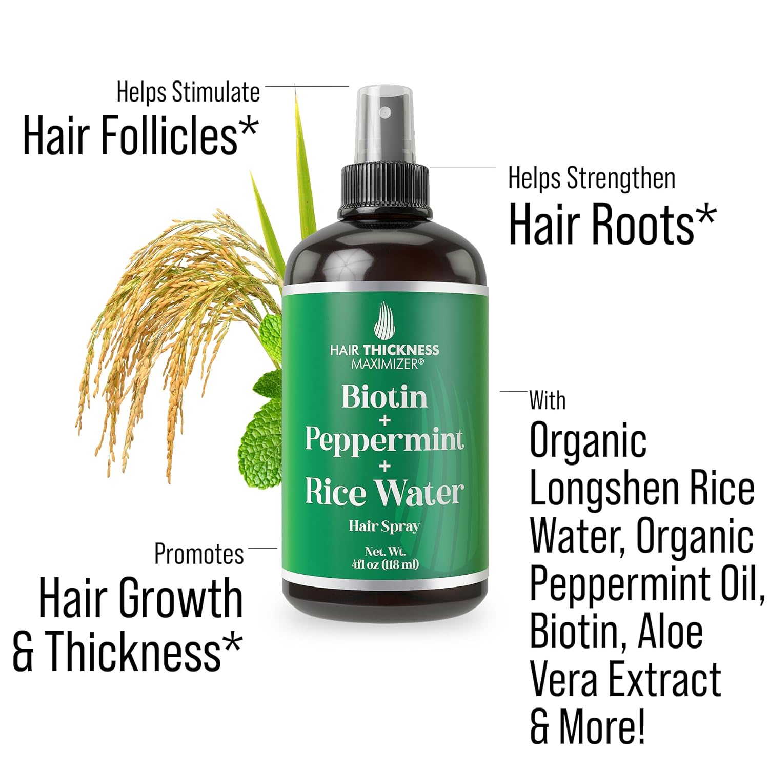 Biotina + aceite de menta + espray de agua de arroz para el crecimiento del cabello. Vegano, acondicionador sin enjuague en spray para mujeres,