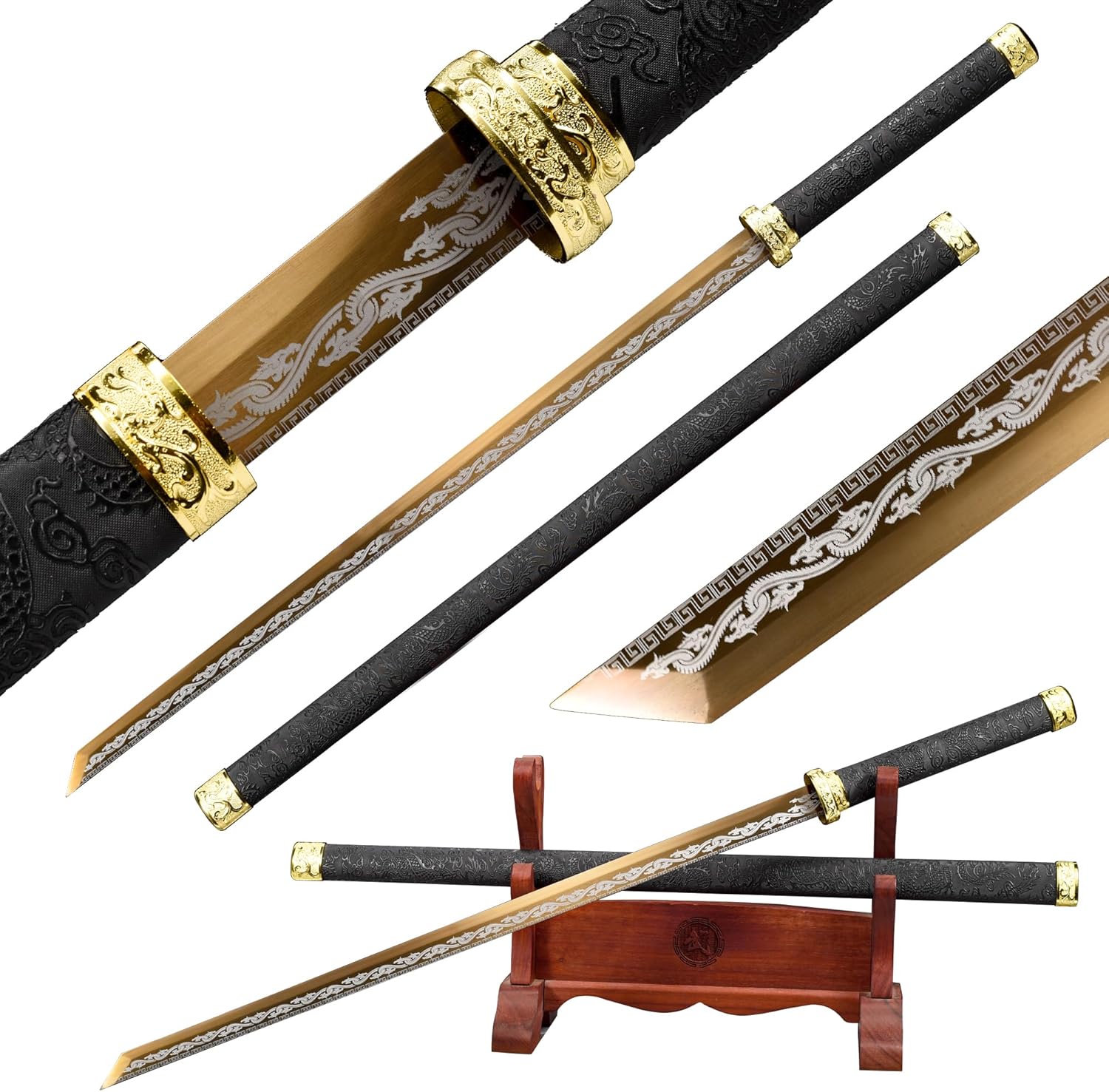 Patrón de dragón dorado, espada de vaina, samurái japonés, real, recto, completo Tang Jian (patrón de dragón dorado)