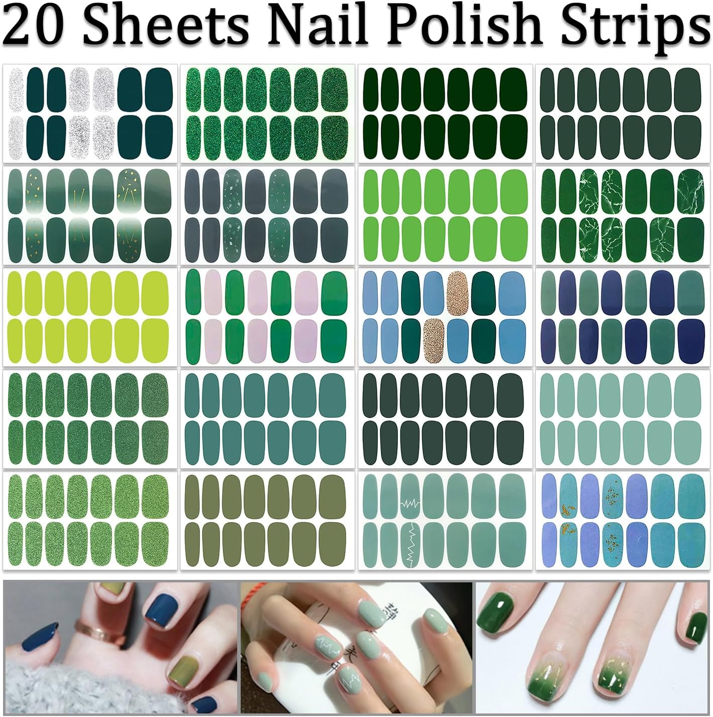 SILPECWEE 20 hojas de tiras de esmalte de uñas verdes, envolturas de uñas de primavera para mujeres, autoadhesivas, tiras de uñas de esmalte de uñas