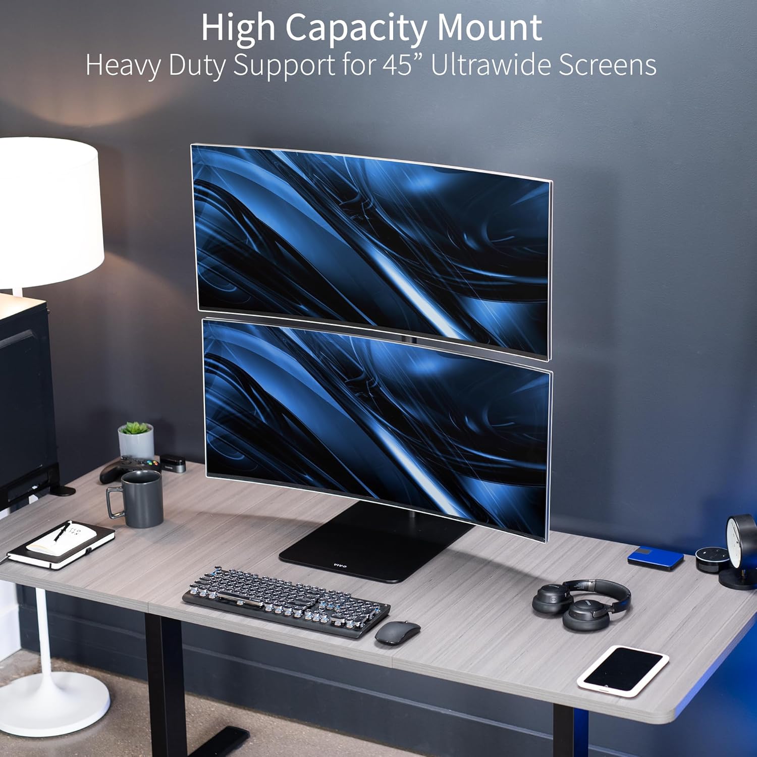 VIVO Soporte de escritorio para monitor ultra ancho doble apilado verticalmente, montaje ajustable extra alto para 2 pantallas ultraanchas de hasta