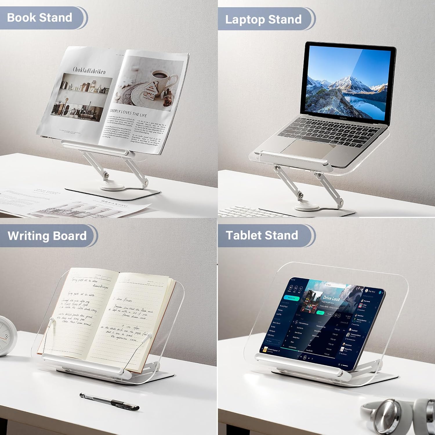 Soporte de acrílico para lectura, soporte ajustable para libros con base giratoria de 360 y clips elásticos para páginas, soporte elevador de