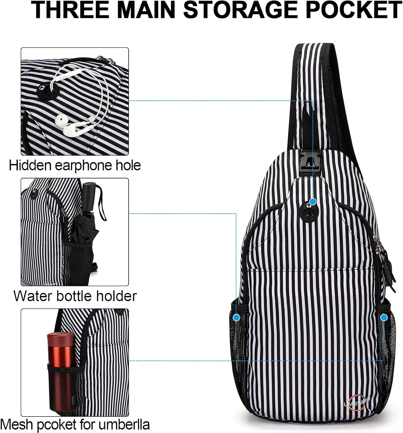 Lumesner Mochila cruzada con puerto de carga USB, bolsa de hombro de senderismo, bolsa de pecho para senderismo, caminata, viajes