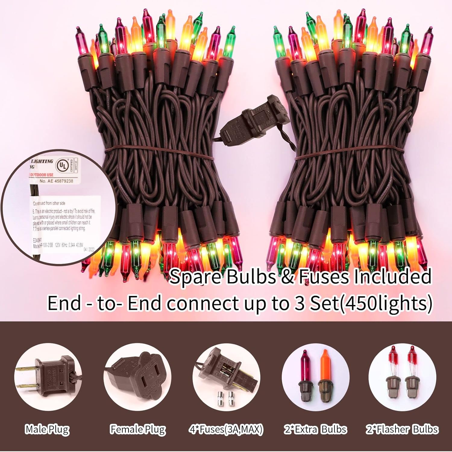 Juego de luces de Halloween superbrillantes extensibles, naranjas, moradas y verdes, 150 luces, 31.9 pies, con certificación UL, juego de mini luces