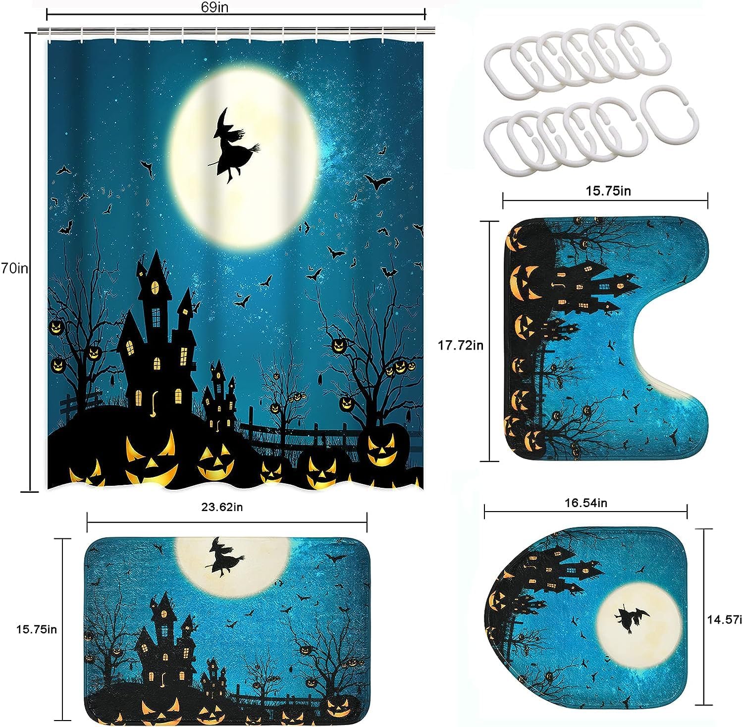 Ikfashoni Juego de 4 cortinas de ducha de Halloween con alfombras antideslizantes, cubierta para tapa de inodoro y tapete de baño, cortina de ducha