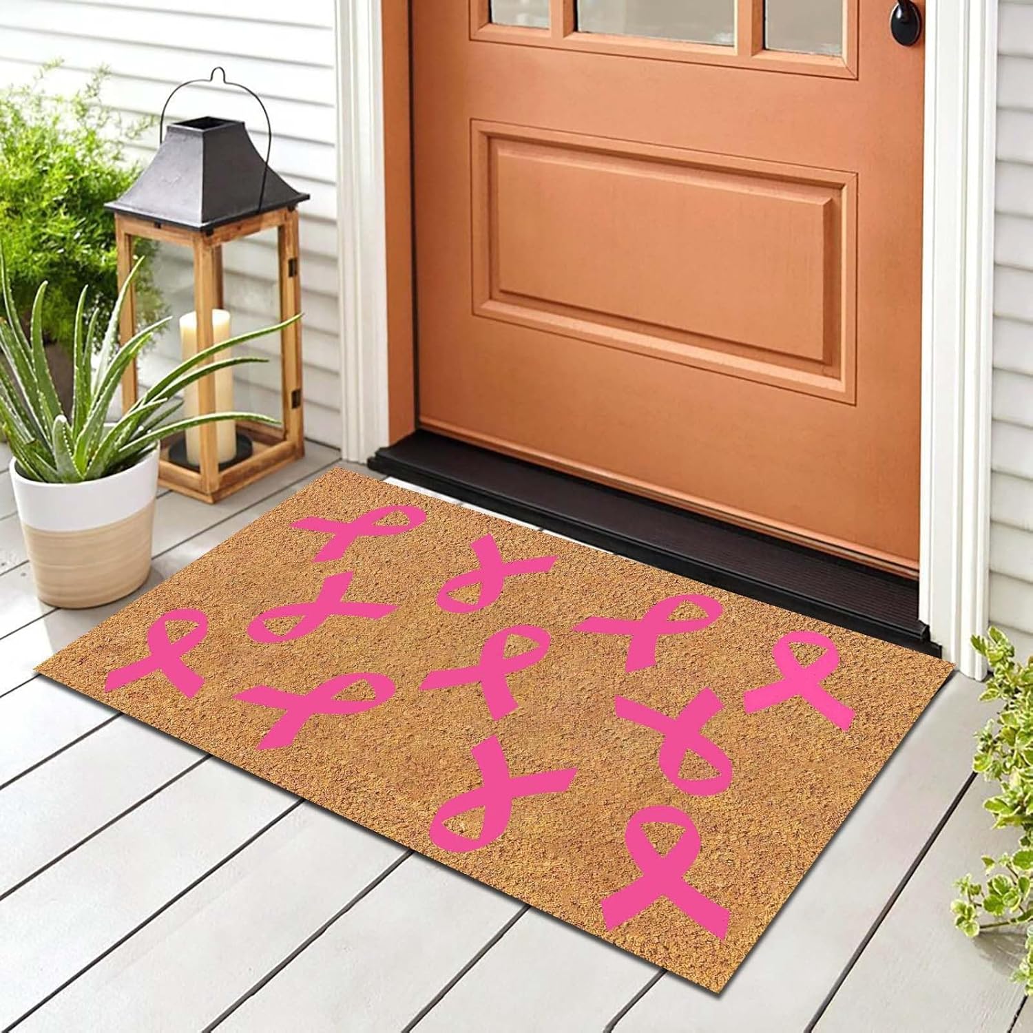 Tapete para puerta exterior, tapete para puerta de entrada interior, divertido, lavable, de 23 x 16 pulgadas, para concientización sobre el cáncer