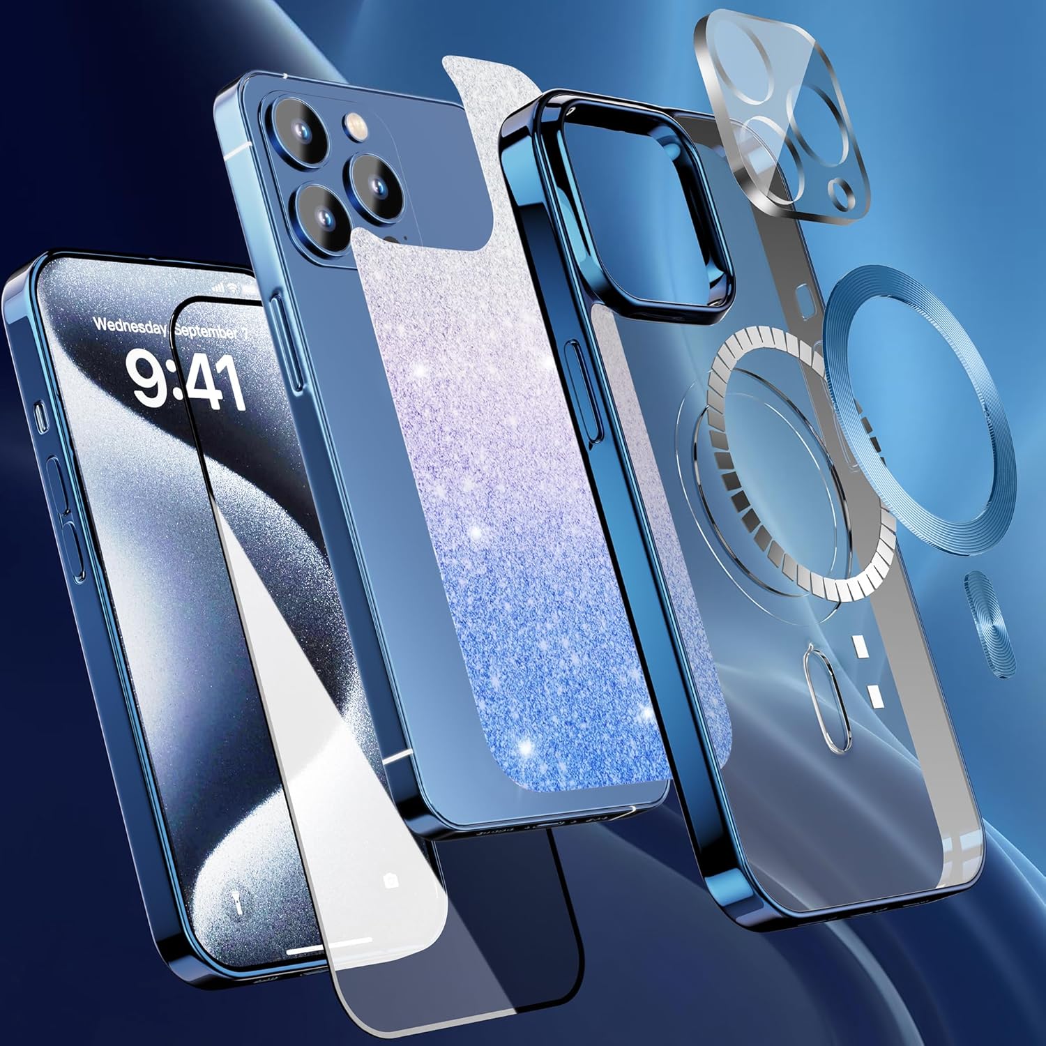 Funda magnética de titanio para iPhone 15 Pro Max protector de lente de cámara y protector de pantalla Nunca se pone amarilla Imanes N56 fuertes n.