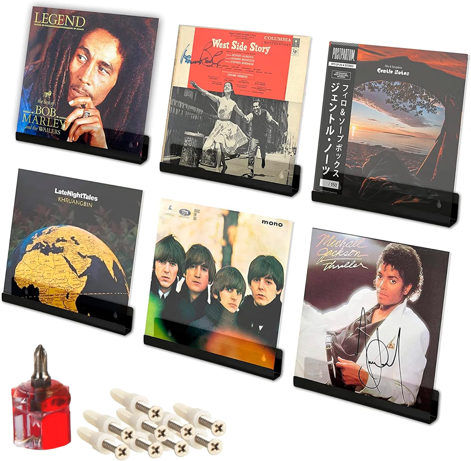 The Amador Store Soporte de pared para discos de vinilo LP con tornillos y 1 destornillador, estante flotante de vinilo de 12 pulgadas para álbumes