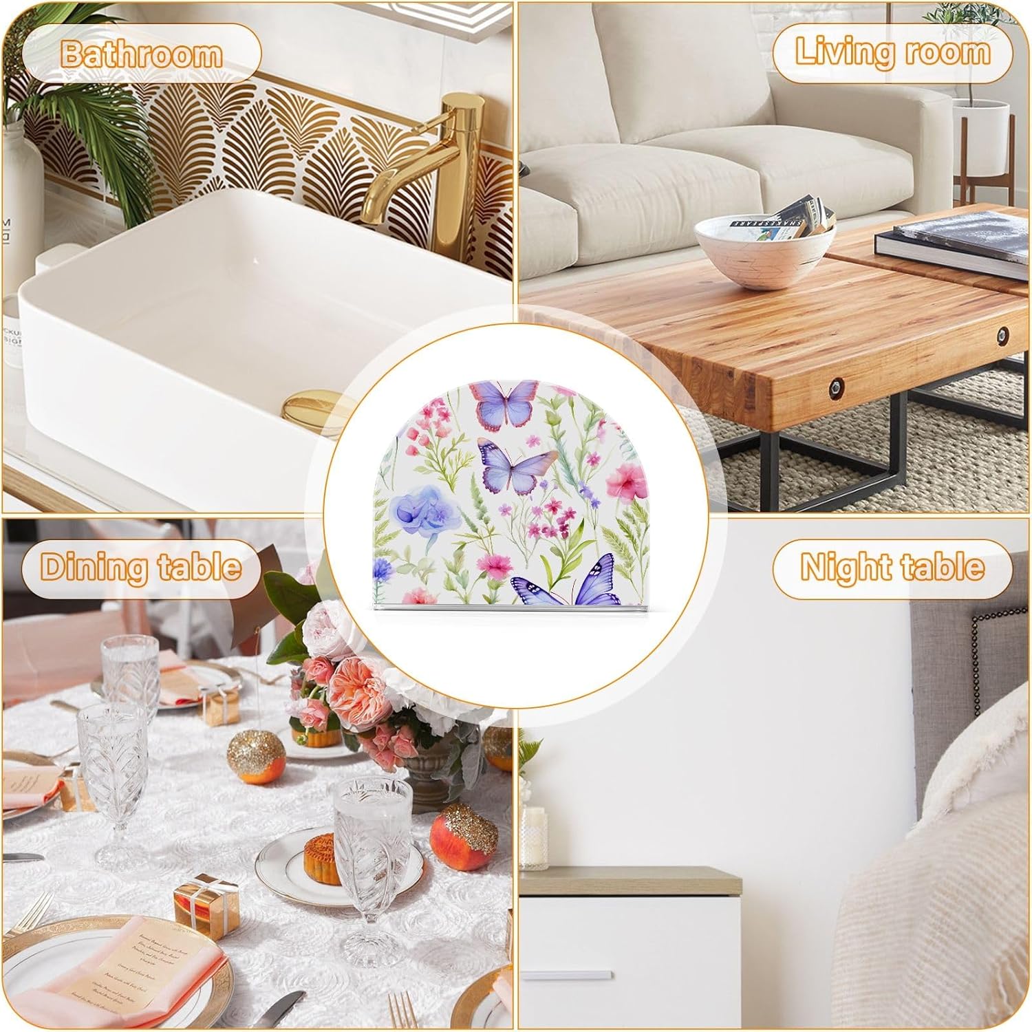 Butterfly Pink Flowers Napkin Holder, Acrylic Napkin Holders for Table Cocktail Napkins Dispenser Paper Stand for Home Kitchen Restaurant Bar, 2 Pc