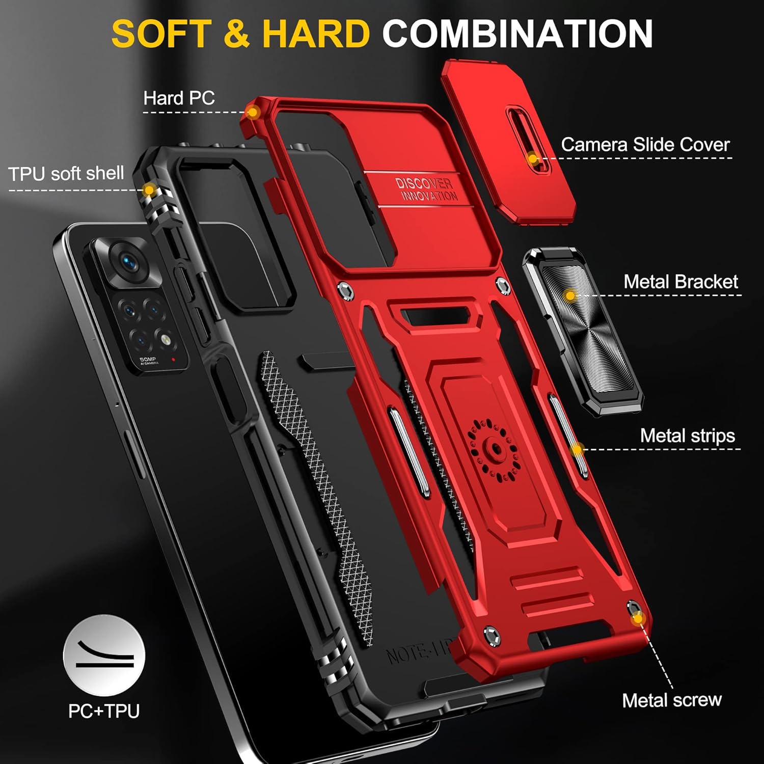 Wefor Funda XiaoMi RedMi Note 11 (4G) con cubierta para cámara deslizante, soporte de anillo magnético de 360 mejorado grado militar a prueba de