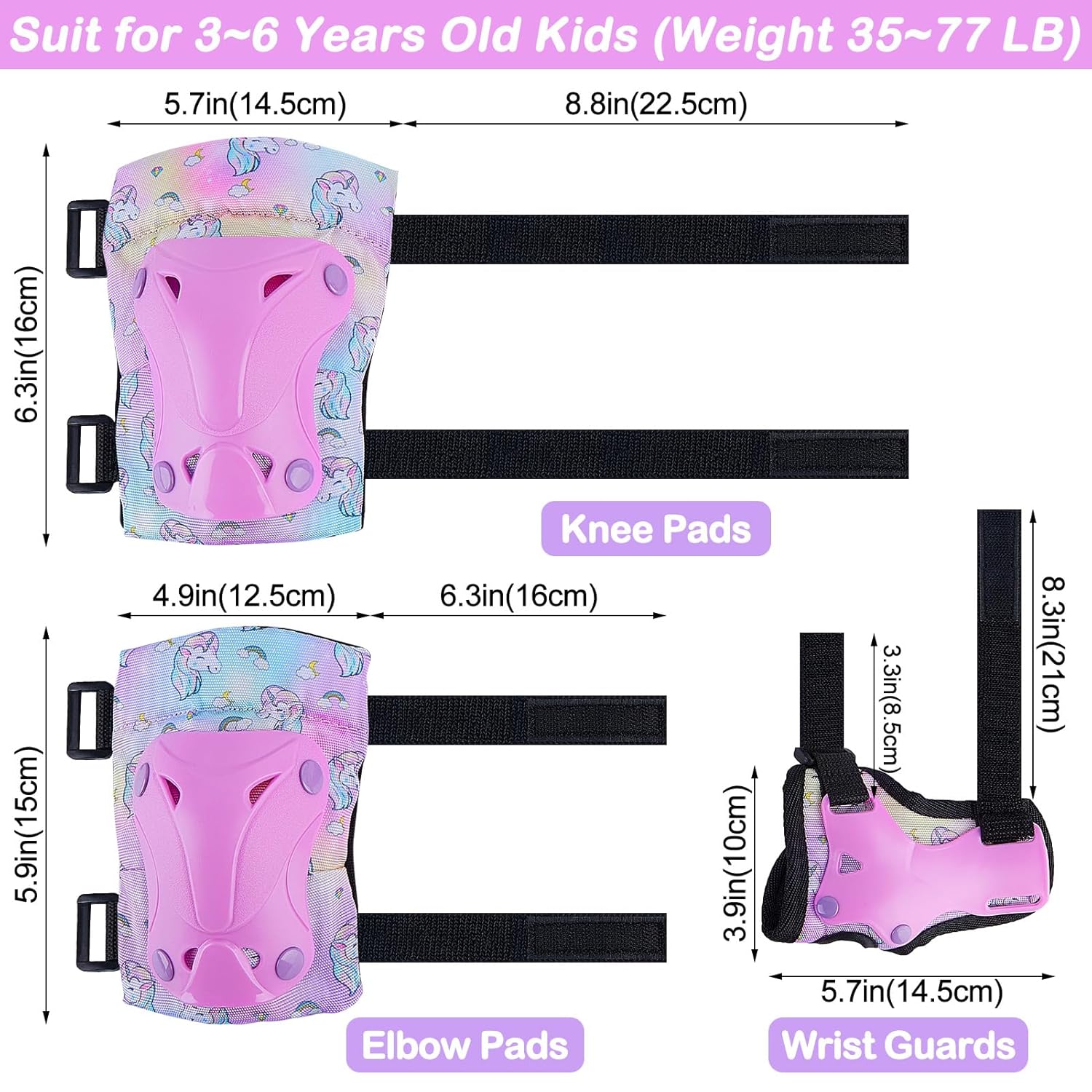 FIODAY Rodilleras para niños, rodilleras de unicornio, coderas, muñequeras con bolsa de cordón, juego de equipo de protección ajustable para niñas y