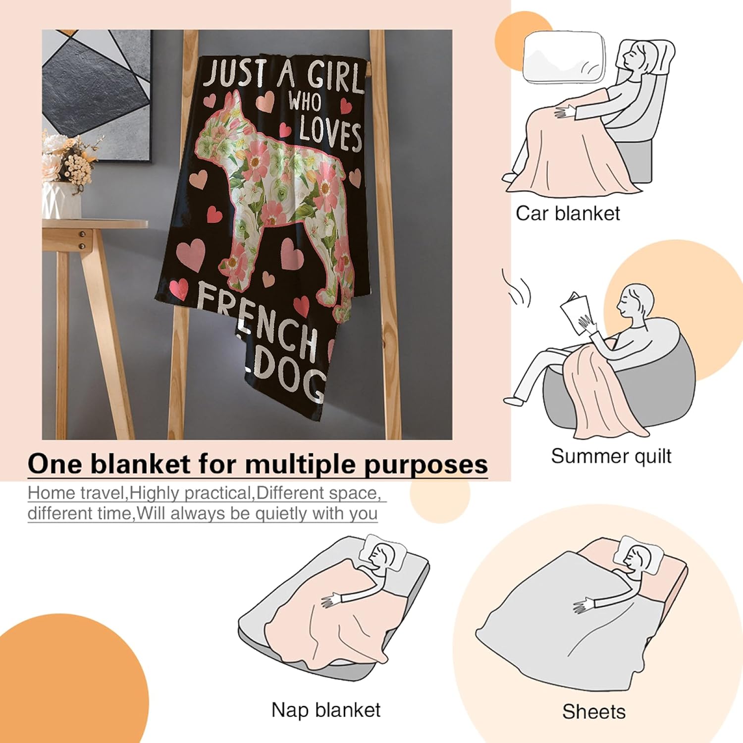 Just A Girl Who Loves – Manta de franela de Bulldogs franceses, súper suave y acogedora, para sofá y cama, ligera y duradera, adecuada para todas