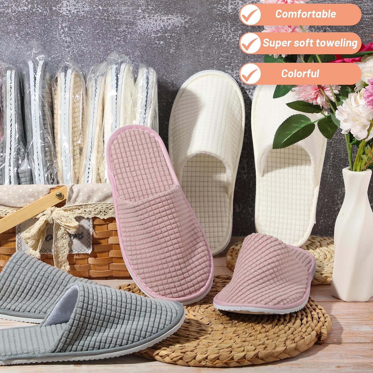 Geyoga 12 pares de pantuflas de casa para invitados, antideslizantes, desechables, para viajes, lavables, reutilizables, para hotel, dama de honor,