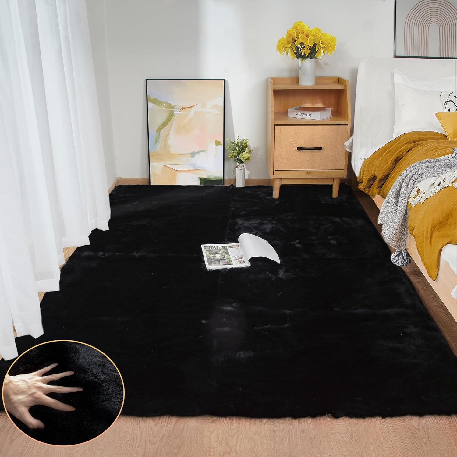 Alfombra negra esponjosa de 5 x 7 pies para dormitorio, alfombra rectangular de pelo lavable con conejo, para sala de estar, habitación de