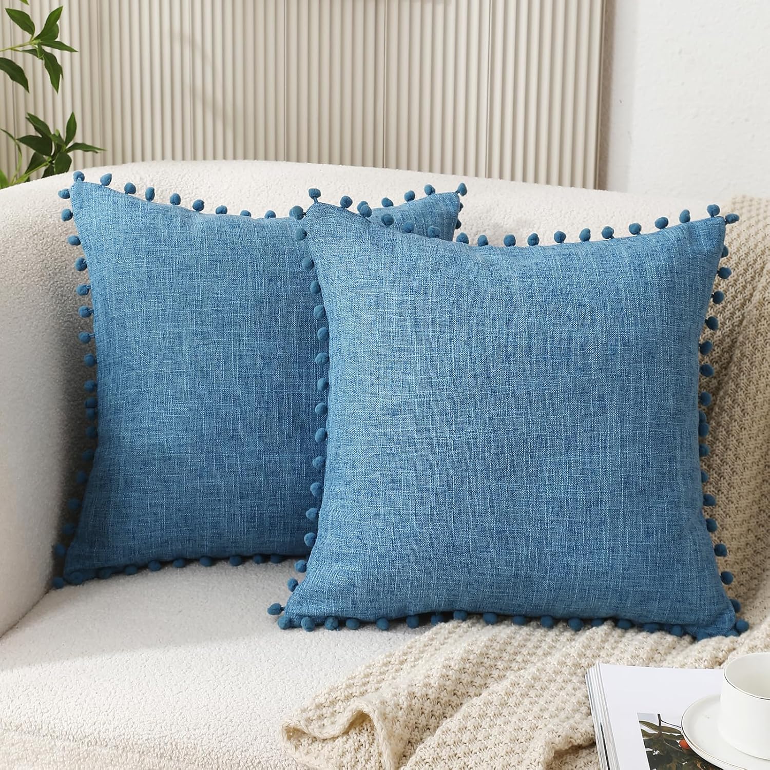 Juego de 2 fundas de almohada de lino de 20 x 20 pulgadas, de arpillera, estilo bohemio, decorativas, clásicas, cuadradas con borlas de pompones