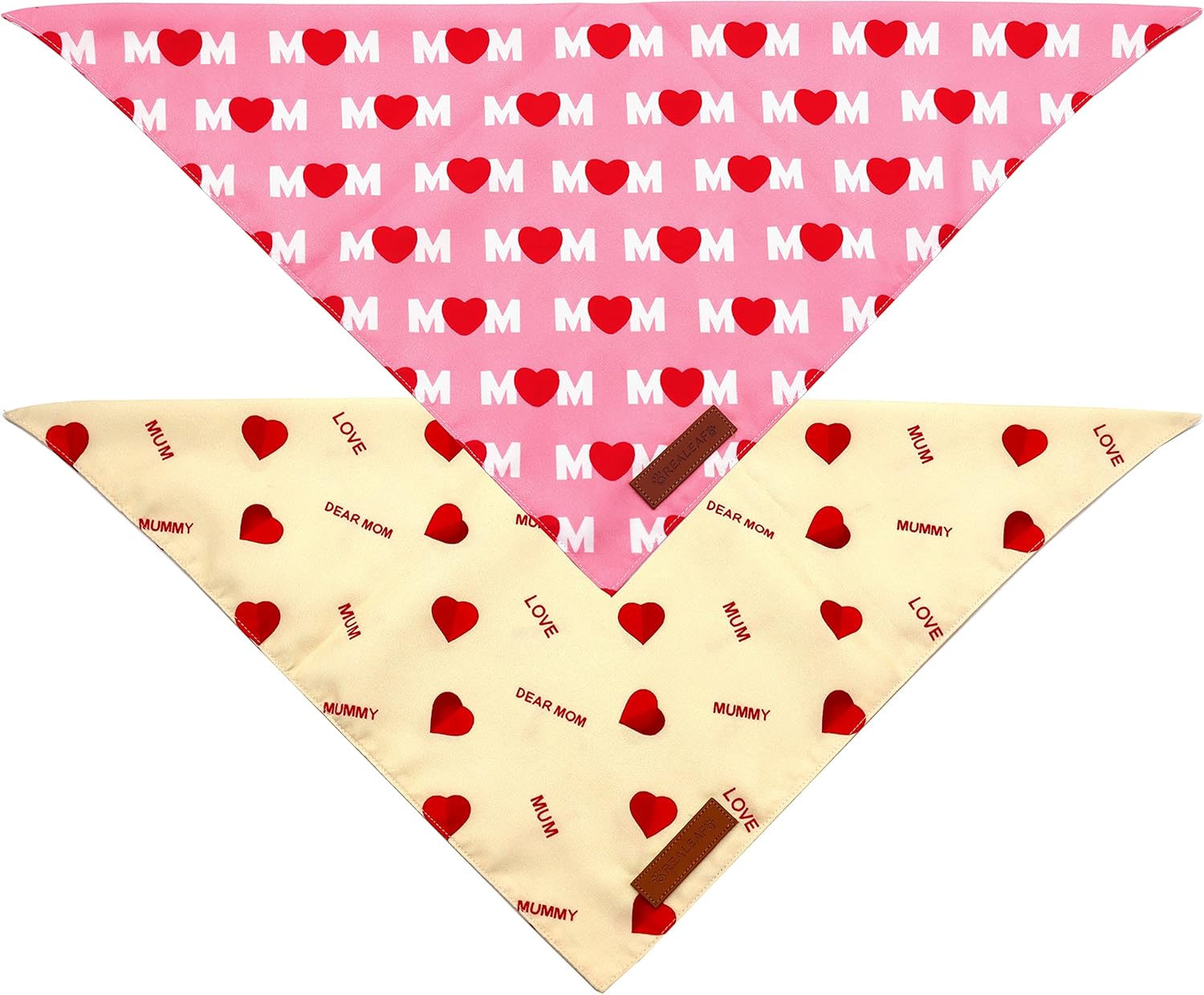 Realeaf Pañuelos para el día de la madre, 2 unidades, bufanda reversible para mascotas con texto en inglés “I Love My Mom” para niños y niñas, tela