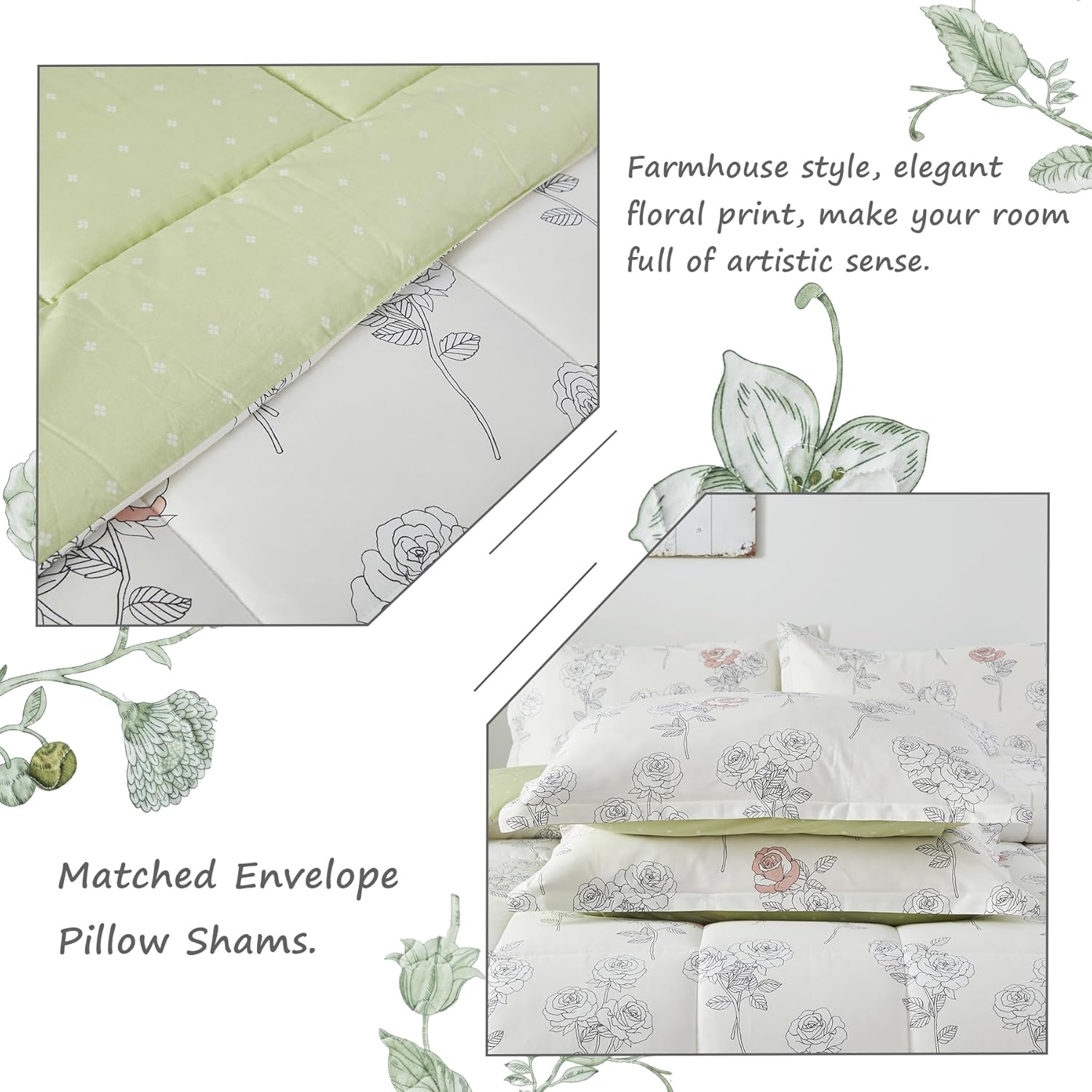 Lemfux Juego de edredón de 3 piezas, 100 % algodón, estampado floral, elegante, blanco, verde, reversible, con plumón alternativo, edredón ligero