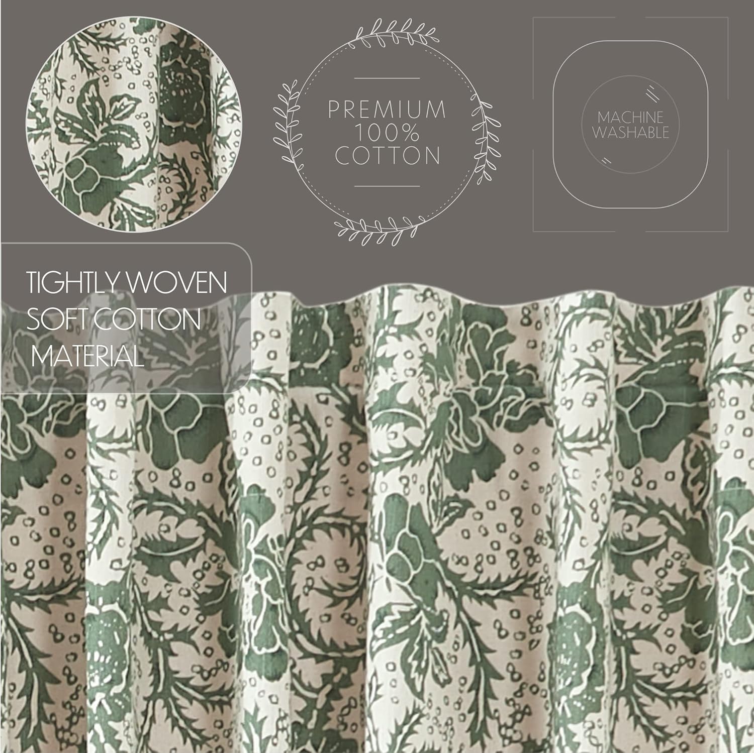 VHC Brands Dorset, cortina para puerta de granja, floral, verde, 72 x 40 pulgadas