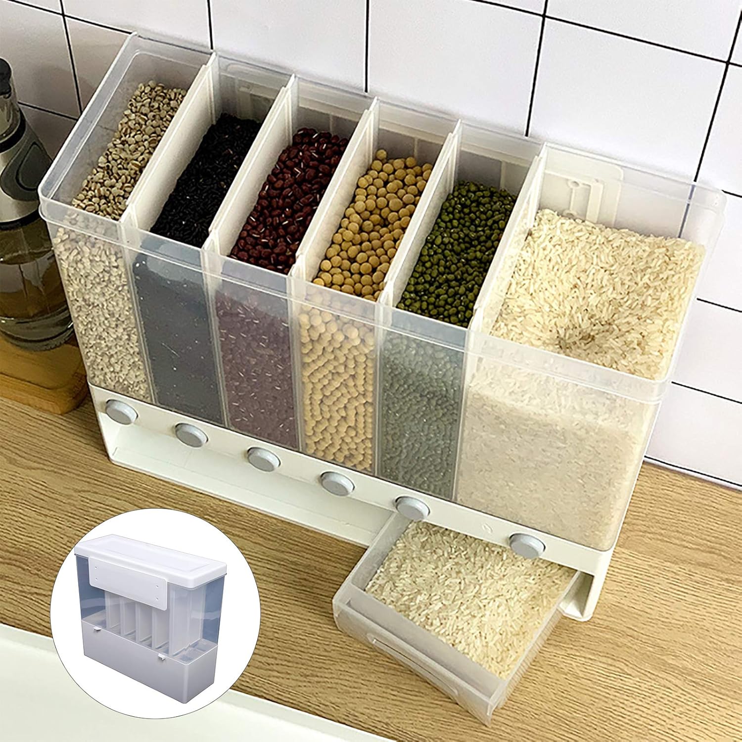 Eapmic Dispensador de arroz con taza, dispensador de alimentos secos de 5 rejillas montado en la pared, contenedor de almacenamiento de cereales
