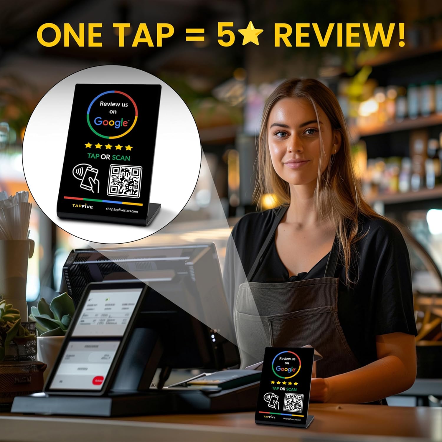 TapFive – Soporte para grifo de revisión de Google, paquete de 3 unidades, reutilizable Smart Tap NFC y QR para reseñas instantáneas, iPhone y