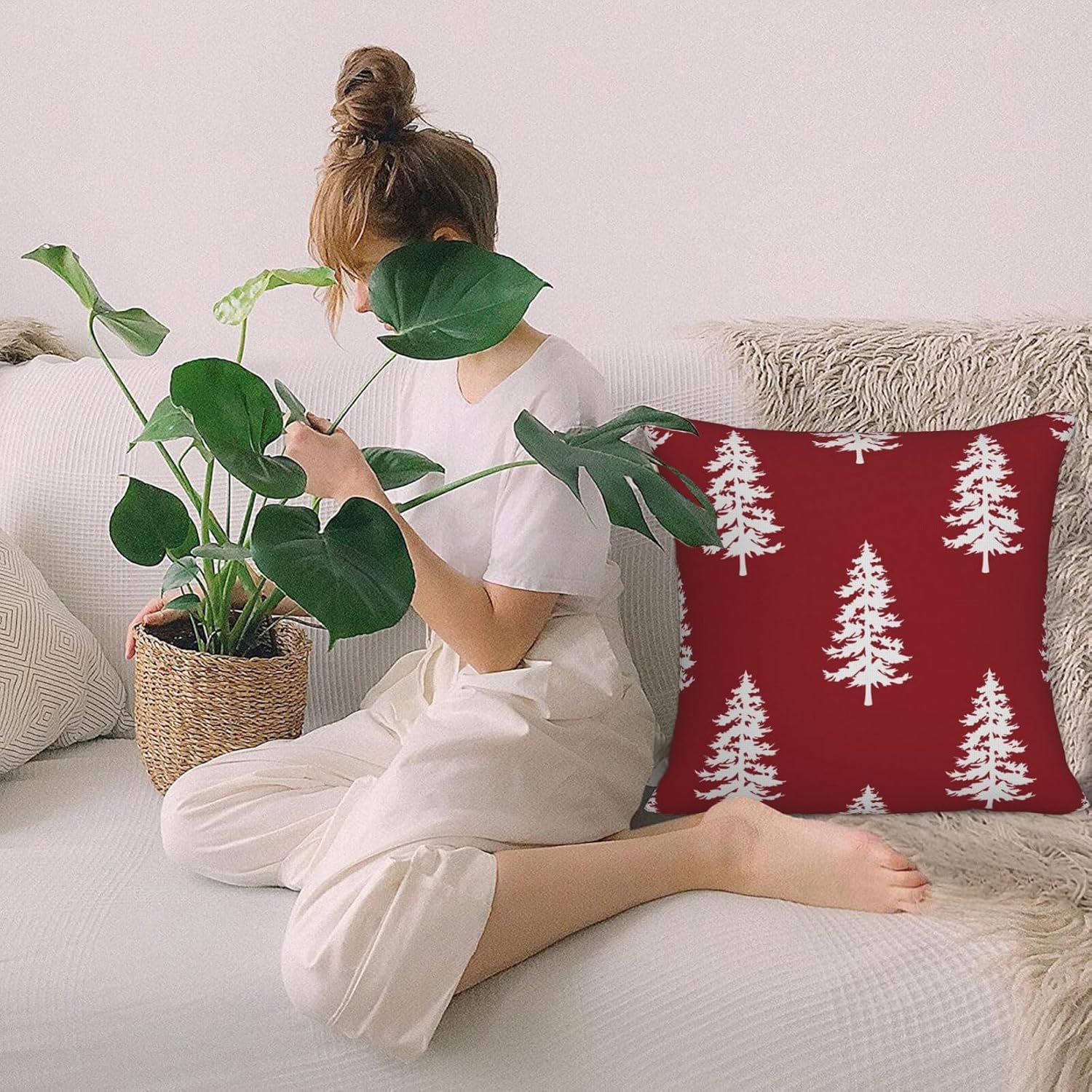 Juego de 2 fundas de almohada rojas de Navidad de 18 x 18 pulgadas, con estampado de árbol de Navidad, fundas decorativas de invierno, vacaciones,