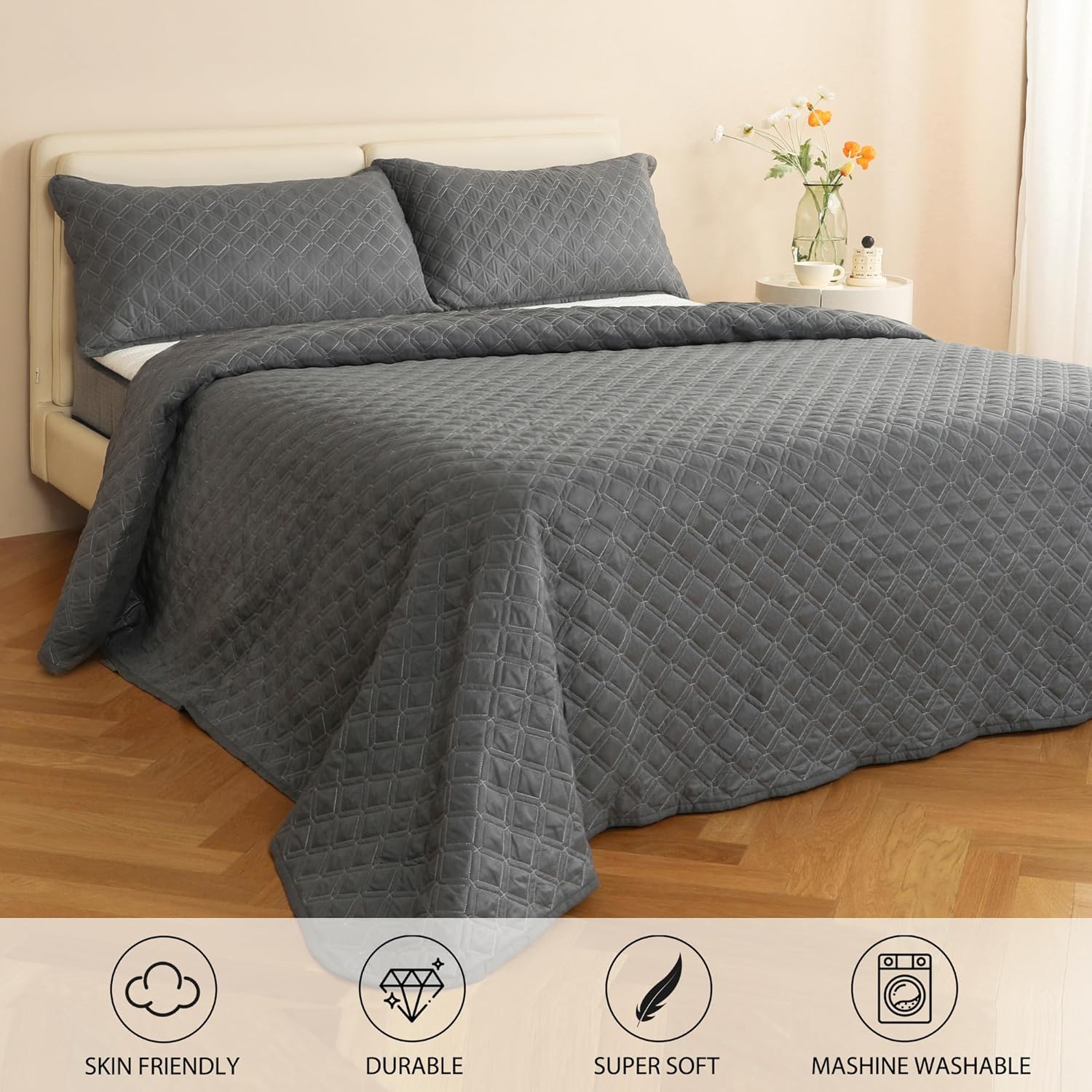 Juego de edredón tamaño King, ropa de cama gris de 3 piezas, lavable a máquina, súper suave, estilo moderno, con 2 fundas de almohada (92 x 106