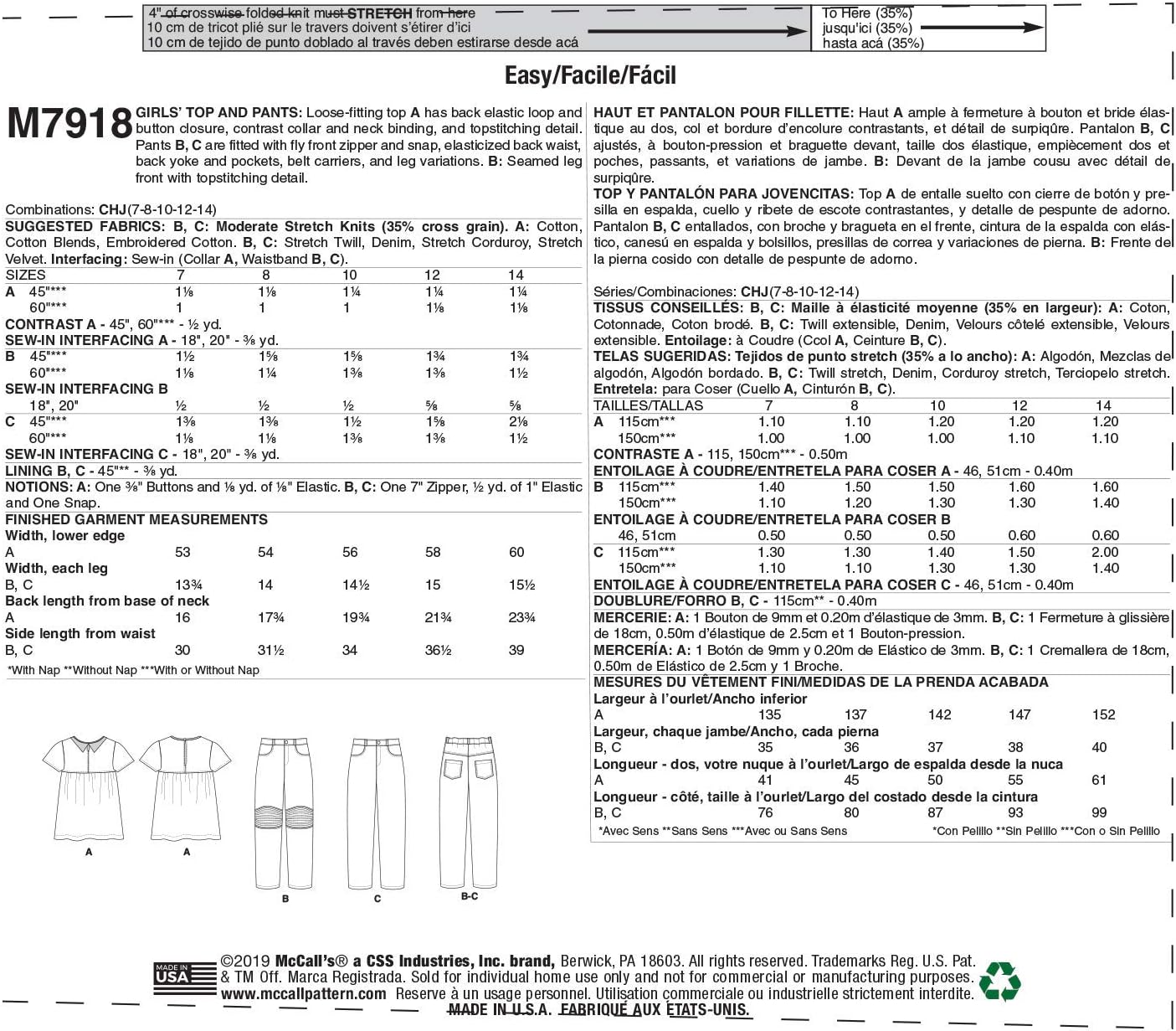 McCall’s Patterns McCall’s – Pantalones para niña y camisa holgada Malia Janveaux para Kathryn Brenne, tallas 7-14, patrón de costura, color blanco