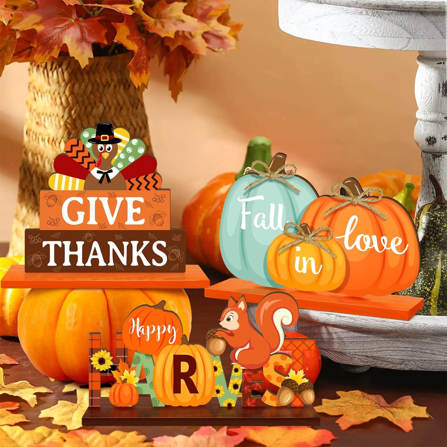 3 carteles de mesa de decoración de Acción de Gracias, letreros de mesa de otoño, centros de mesa, pavo, calabazas, letreros decorativos de madera,