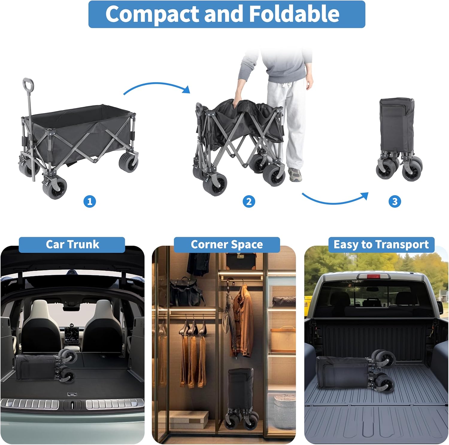 YSSOA Carro plegable plegable, vagón de playa para arena con ruedas grandes, carro de utilidad plegable resistente, carrito de jardín portátil con