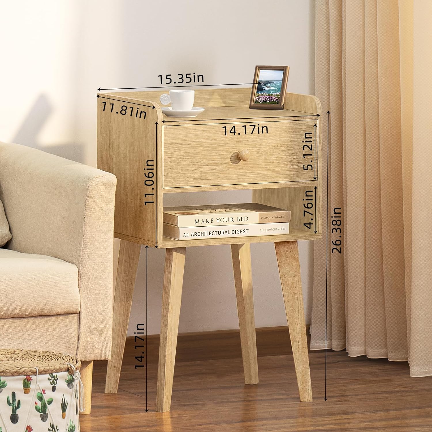 Lerliuo Juego de 2 mesitas de noche de madera, moderna mesa auxiliar de cama con cajón, mesa auxiliar de madera para espacios pequeños, mesa
