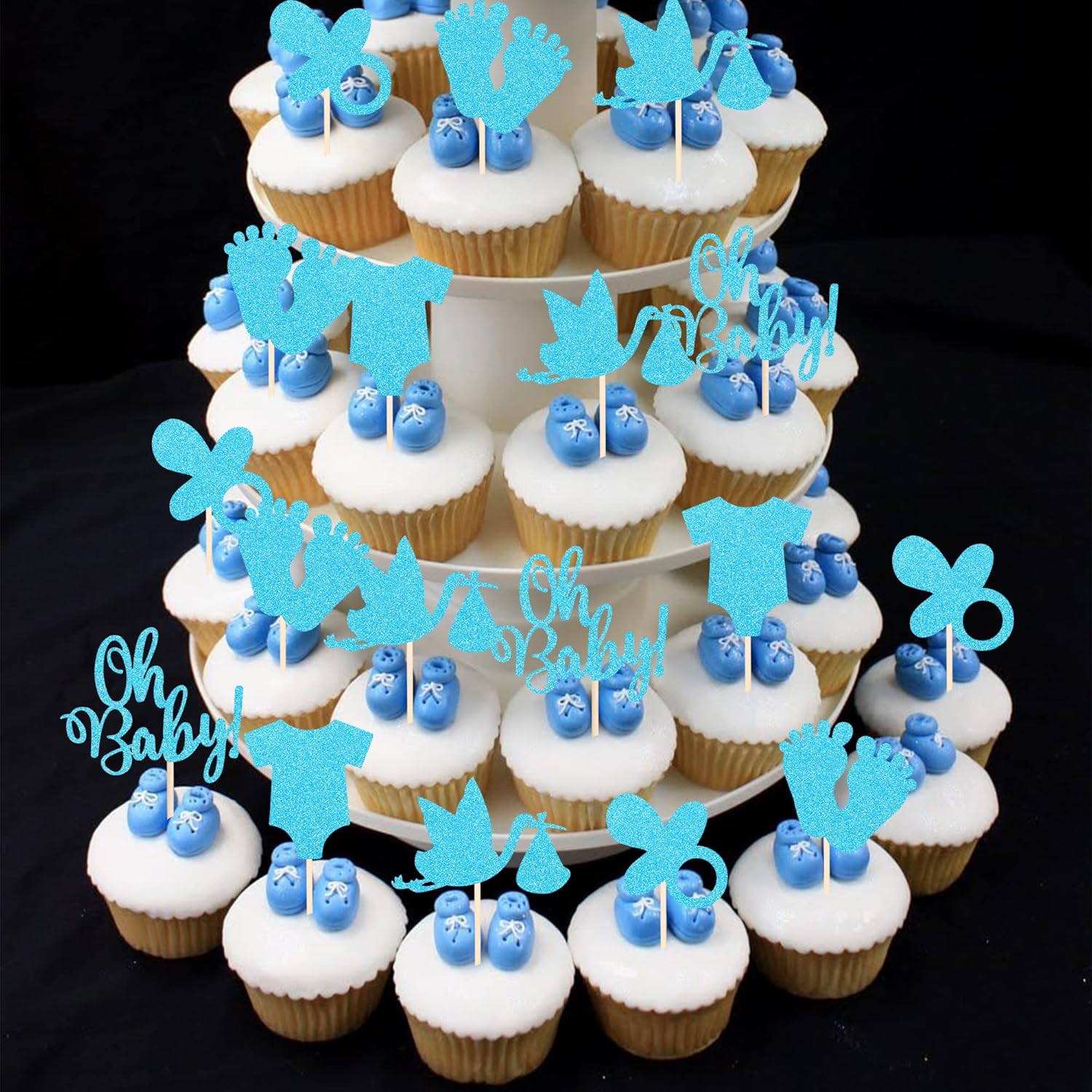 Paquete de 30 decoraciones para cupcakes con purpurina para baby shower, para niños, para chupete, pies, revelación de género, para pasteles,