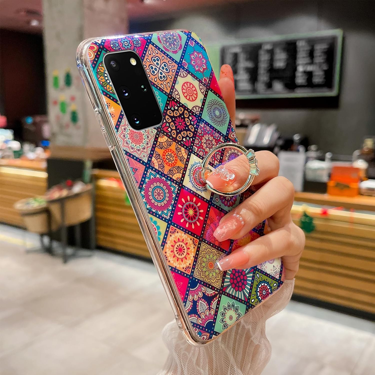 Funda para teléfono Samsung Galaxy S20 Plus con soporte de anillo dorado para niñas y mujeres, linda flor étnica, estilo retro, floral, delgada, a