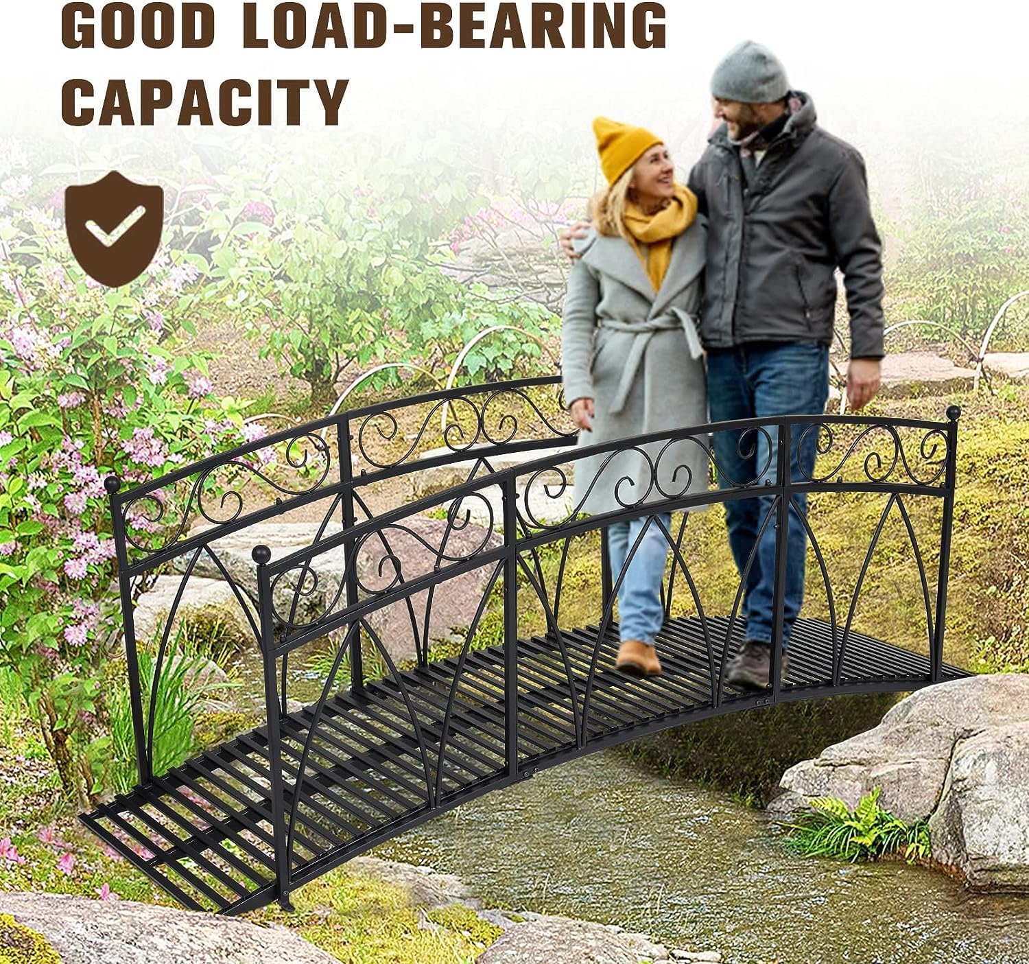 Puente de jardín de metal de 8 pies con carriles laterales con patrones de seguridad, puente de arco de jardín extralargo decorativo para