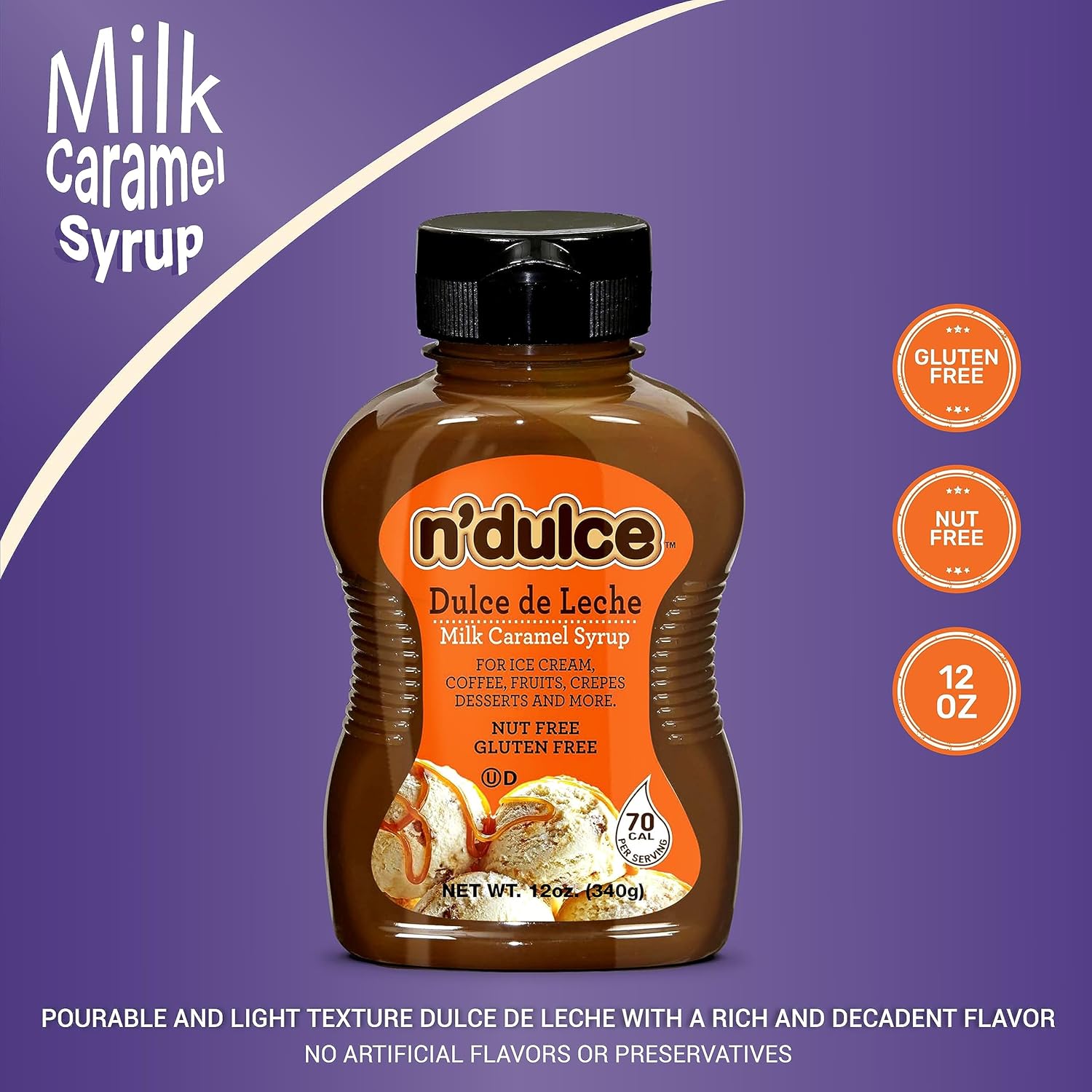 N’DULCE Dulce De Leche Jarabe  Cremas de caramelo  Jarabes para bebidas de café  Textura ligera y sabor rico  Sin gluten  Sin nueces  Jarabe