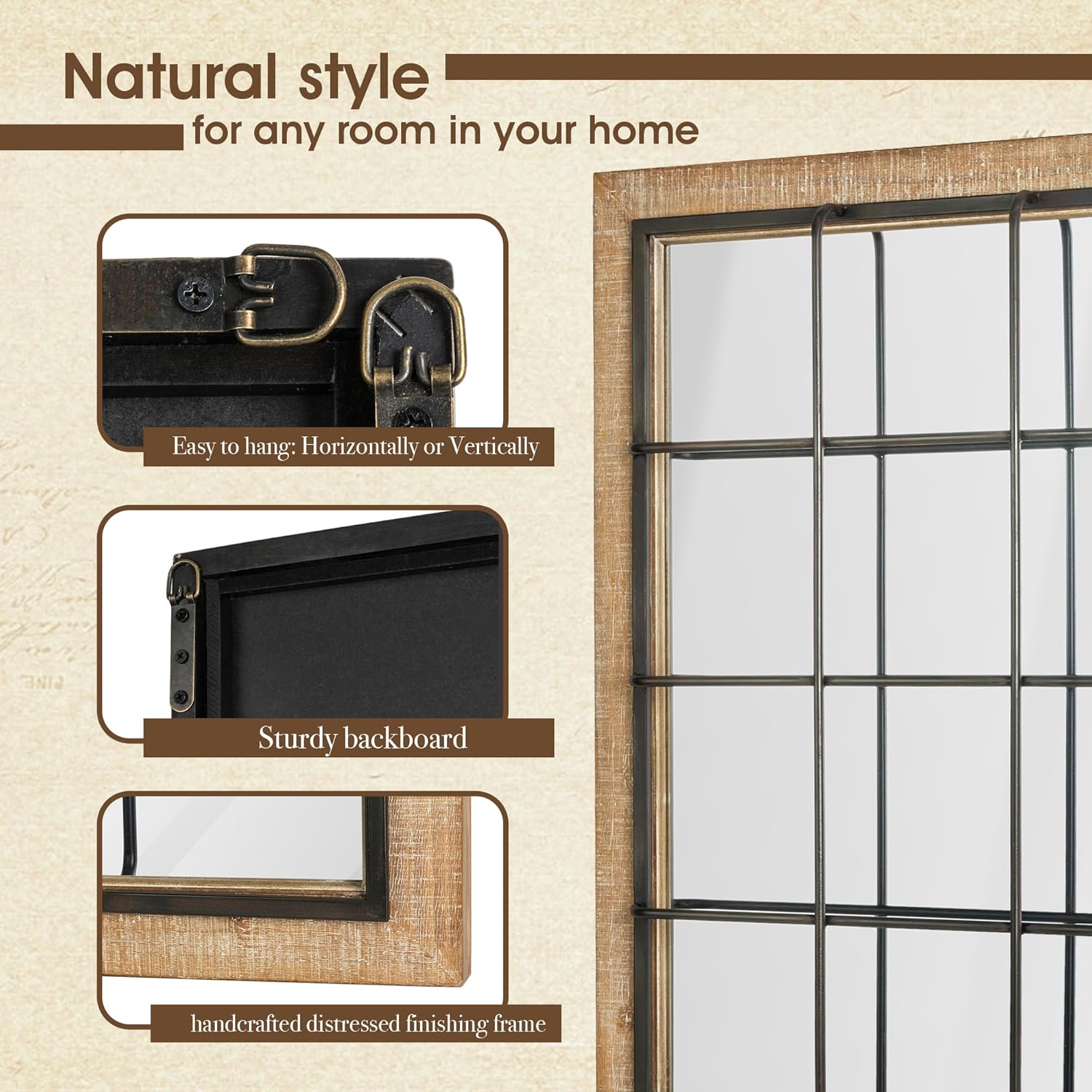 Glitzhome Espejo de pared para ventana, 24 x 32 pulgadas, espejo de pared decorativo de granja, rectangular colgante de madera y marco de metal,