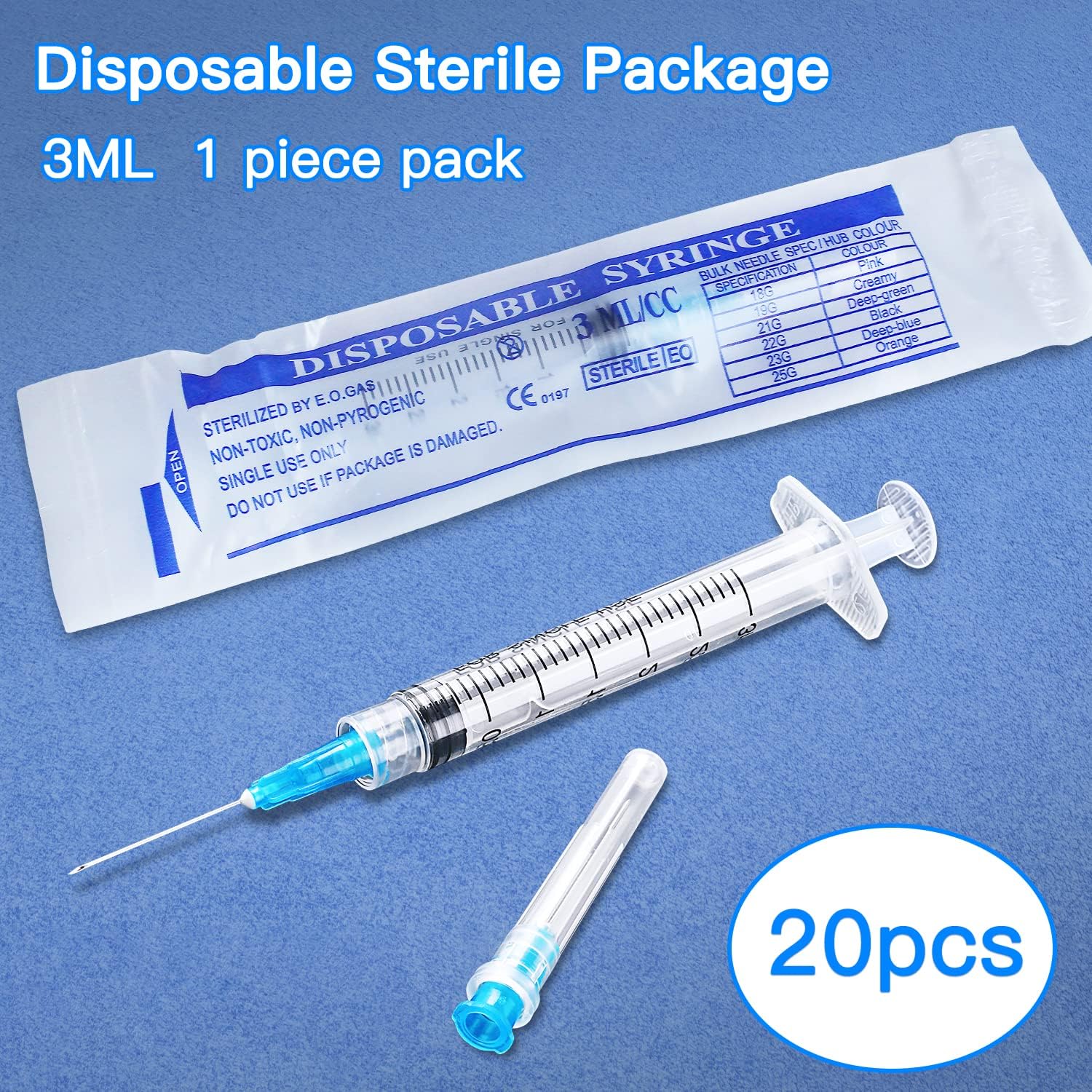 Jeringa desechable de 0.1 fl oz con aguja, envuelta individualmente (23Ga 0.984 in1.0 pulgadas, paquete de 20)