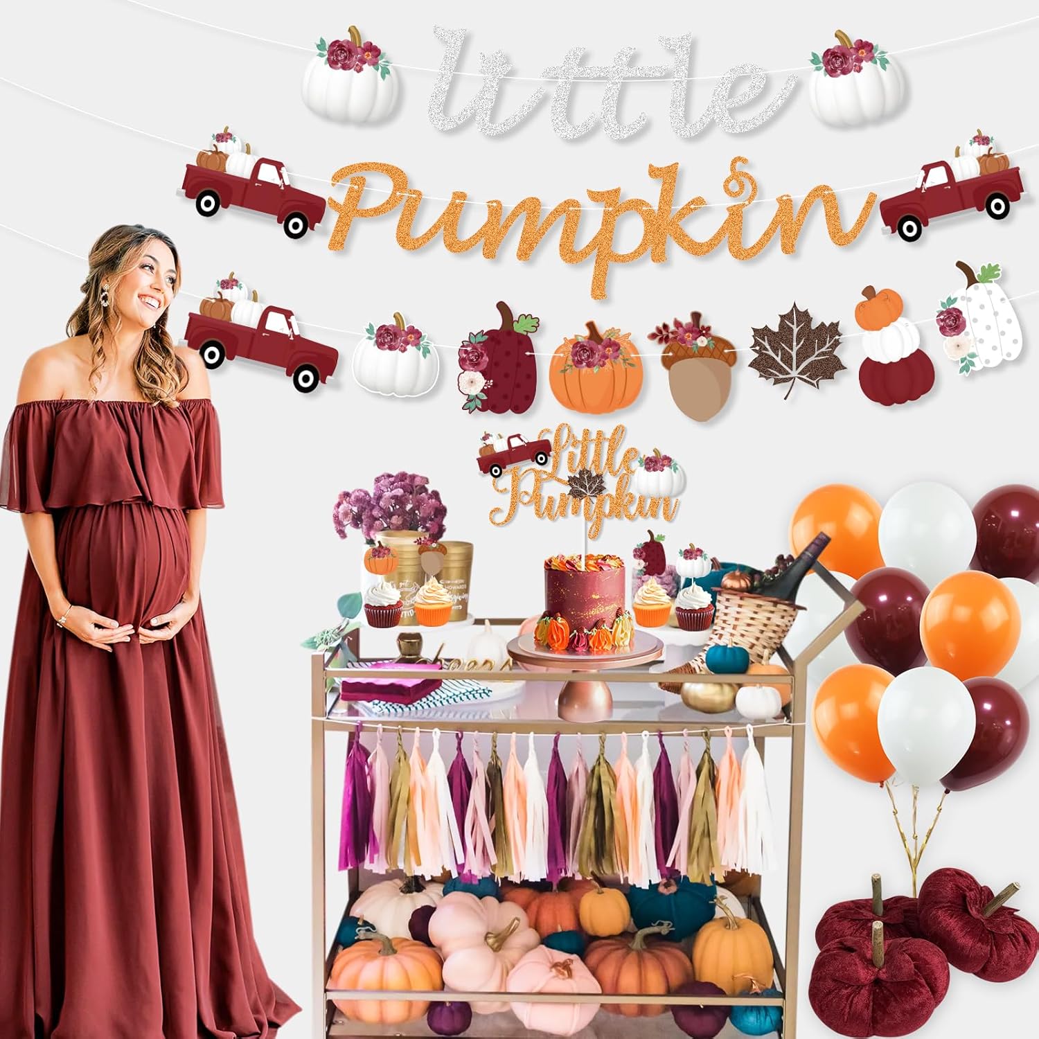 K KUMEED Decoraciones de fiesta de calabaza pequeña, pancarta de calabaza roja y blanca, hojas de otoño, calabaza, camión, decoración de pastel,
