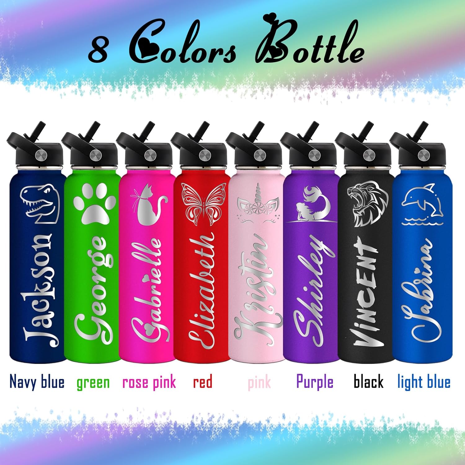 Yananka Botellas de agua personalizadas con tapa con pajilla, botella de agua personalizada aislada de acero inoxidable con nombre grabado, texto,