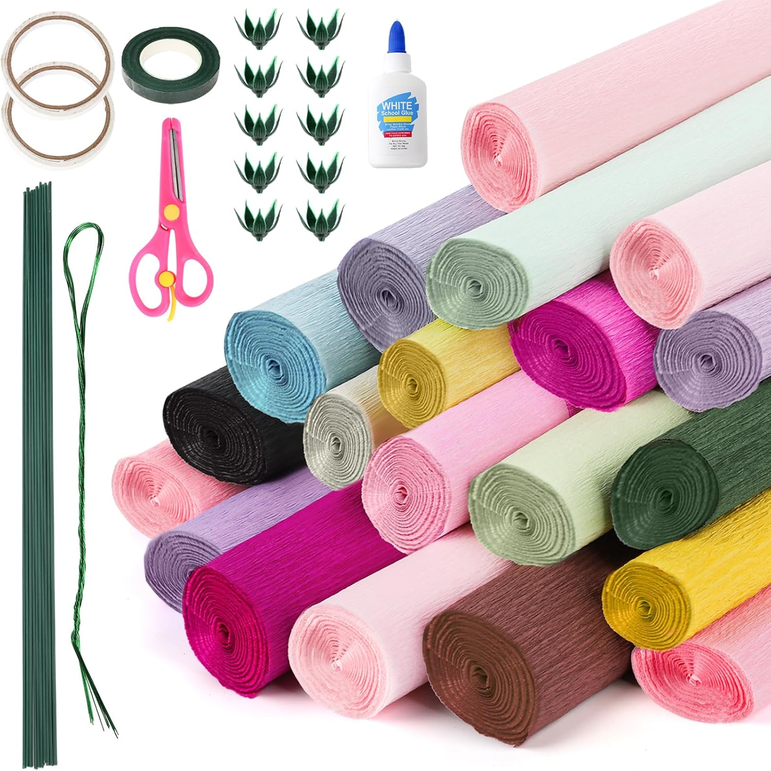Lawei Kit de 20 rollos de papel crepé de flores de bricolaje, rollos de papel crepé de 20 colores de ancho, kit de arreglos florales de 19.7