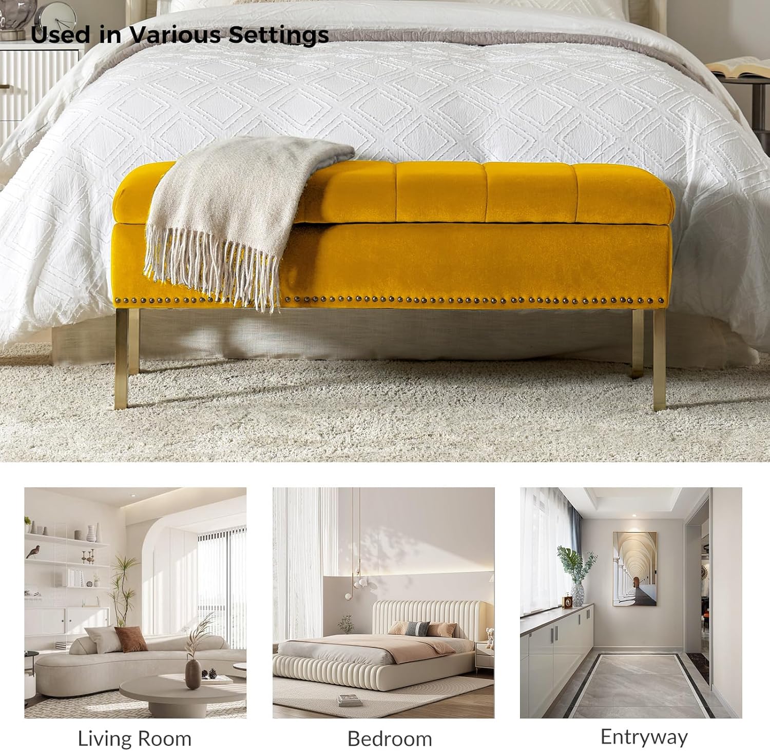 HULALA HOME Banco otomano moderno de terciopelo con tapa abatible con borde de clavos, banco tapizado para dormitorio para el extremo de la cama,