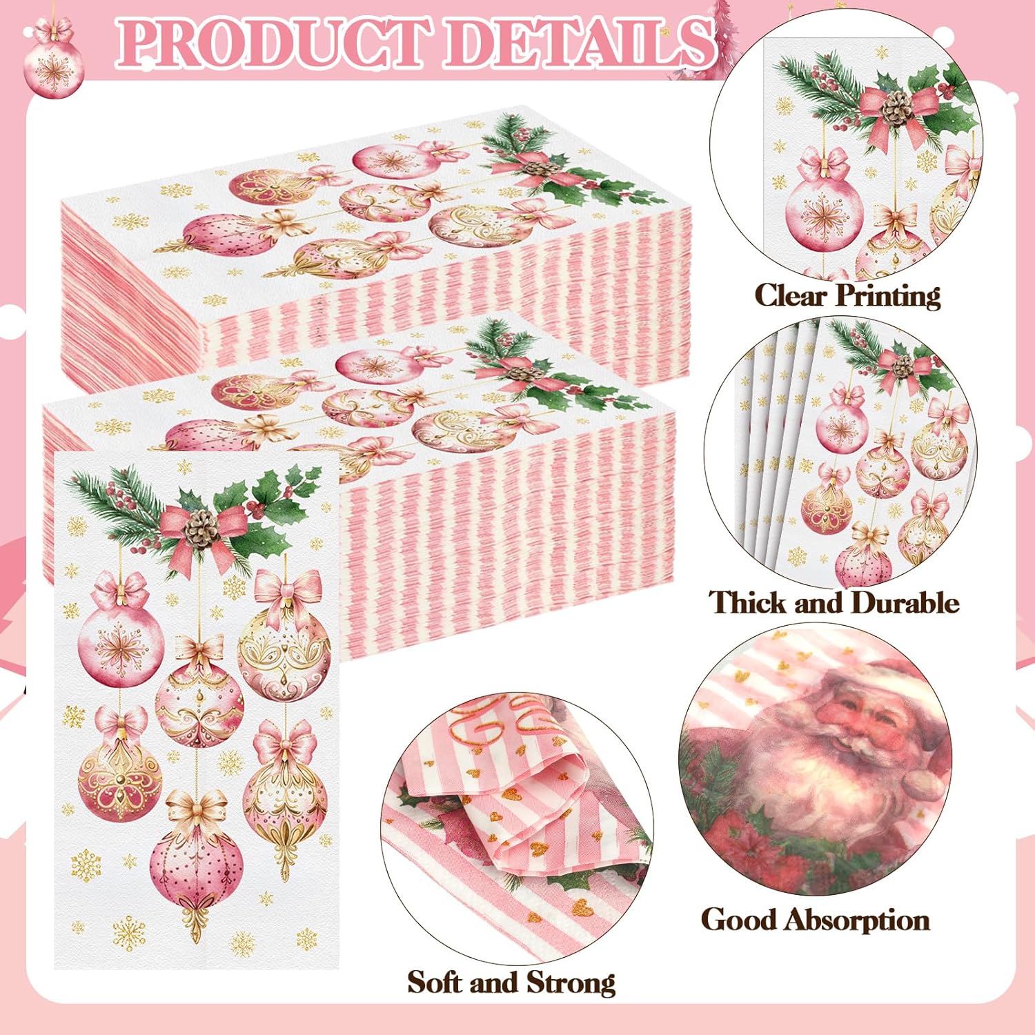 Zhanmai 200 servilletas de Navidad desechables, color rosa, adorno de Navidad, para cóctel, bebidas, servilletas de papel decorativo, servilletas de