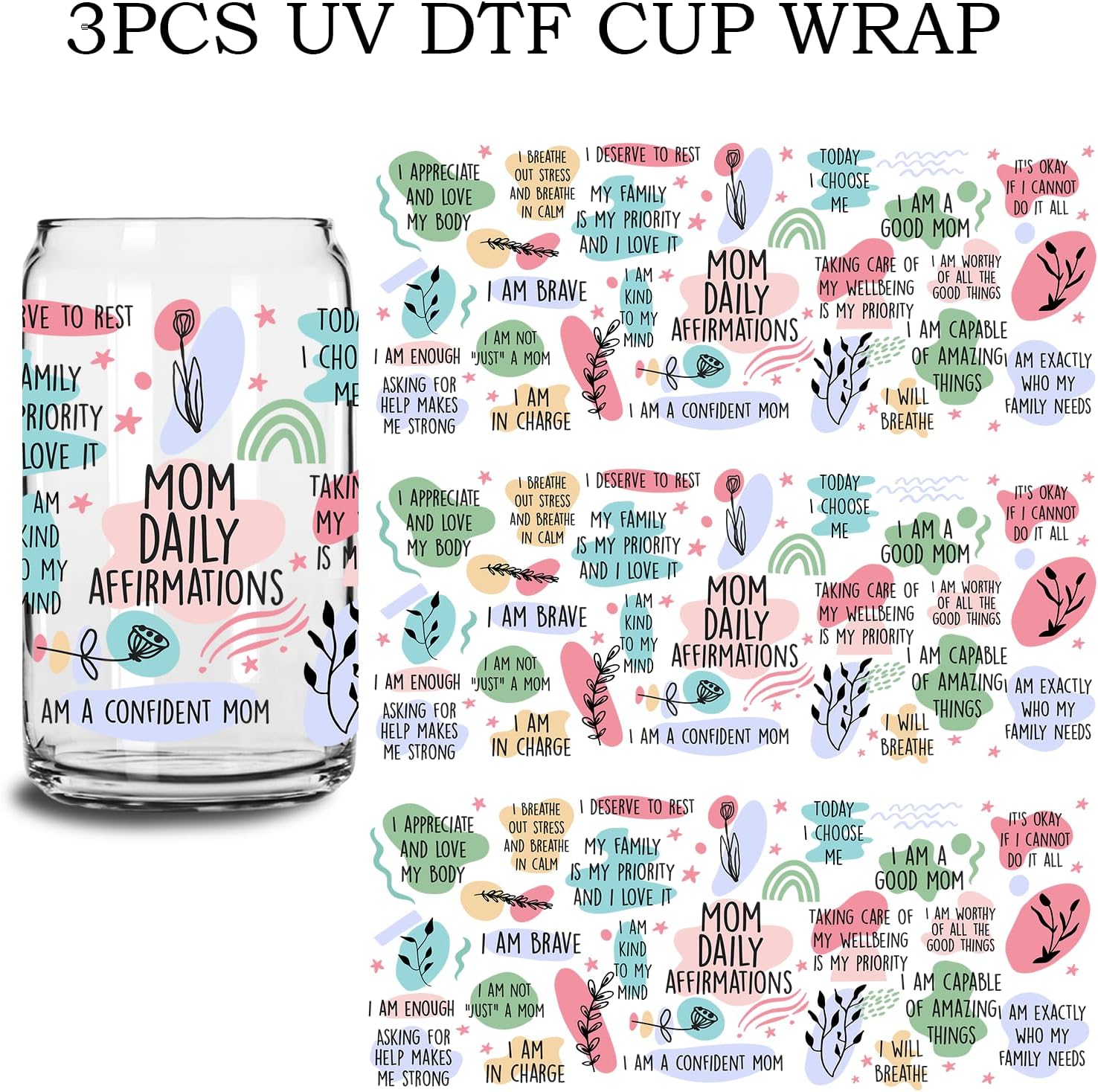 Calcomanía de transferencia de vidrio UV DTF, 3 unidades, regalos de salud mental para mamá, mamá, transferencia diaria de manualidades, calcomanía