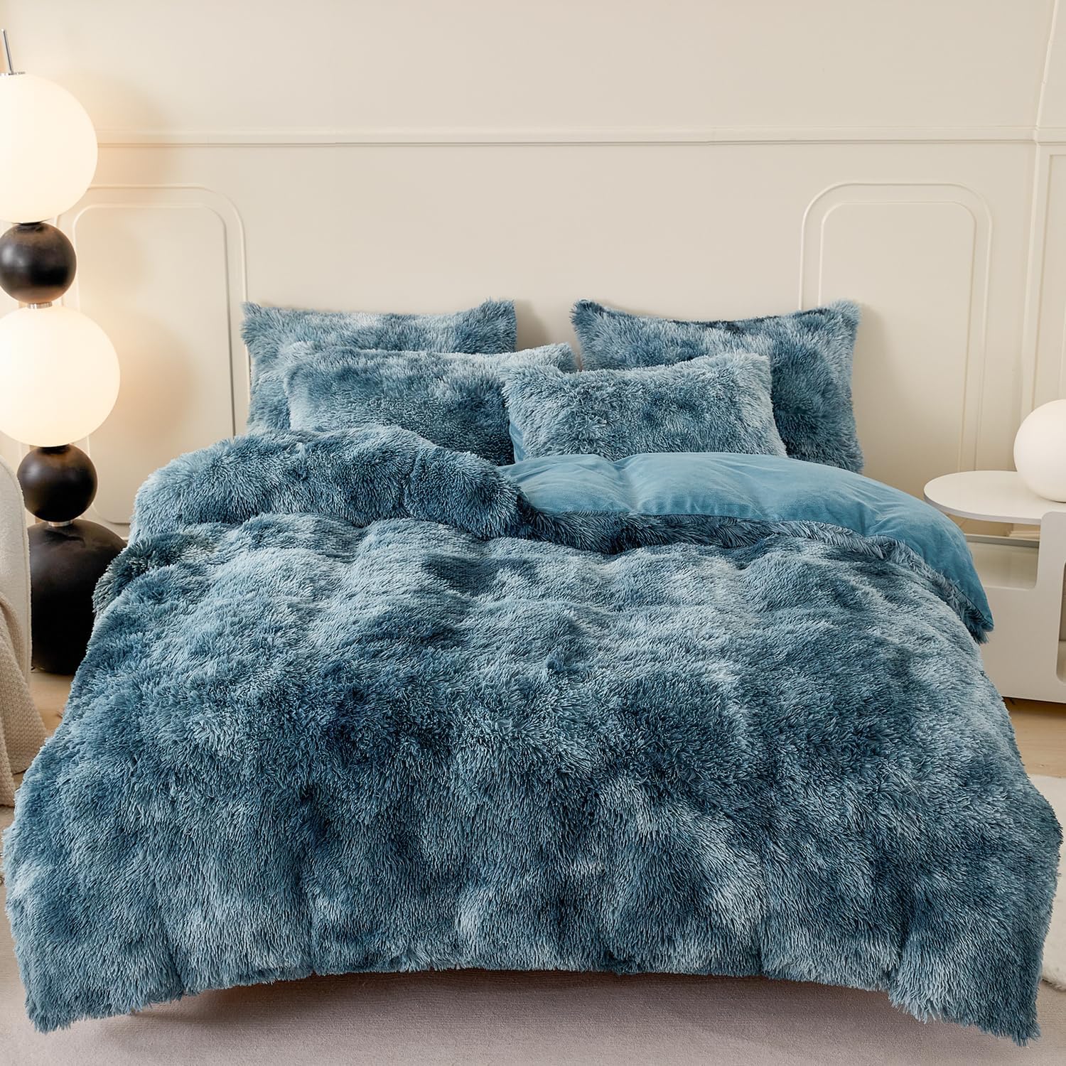 SUCSES Juego de funda de edredón tamaño Queen esponjoso de color azul marino, juego de ropa de cama de 3 piezas de pelo sintético largo de felpa –