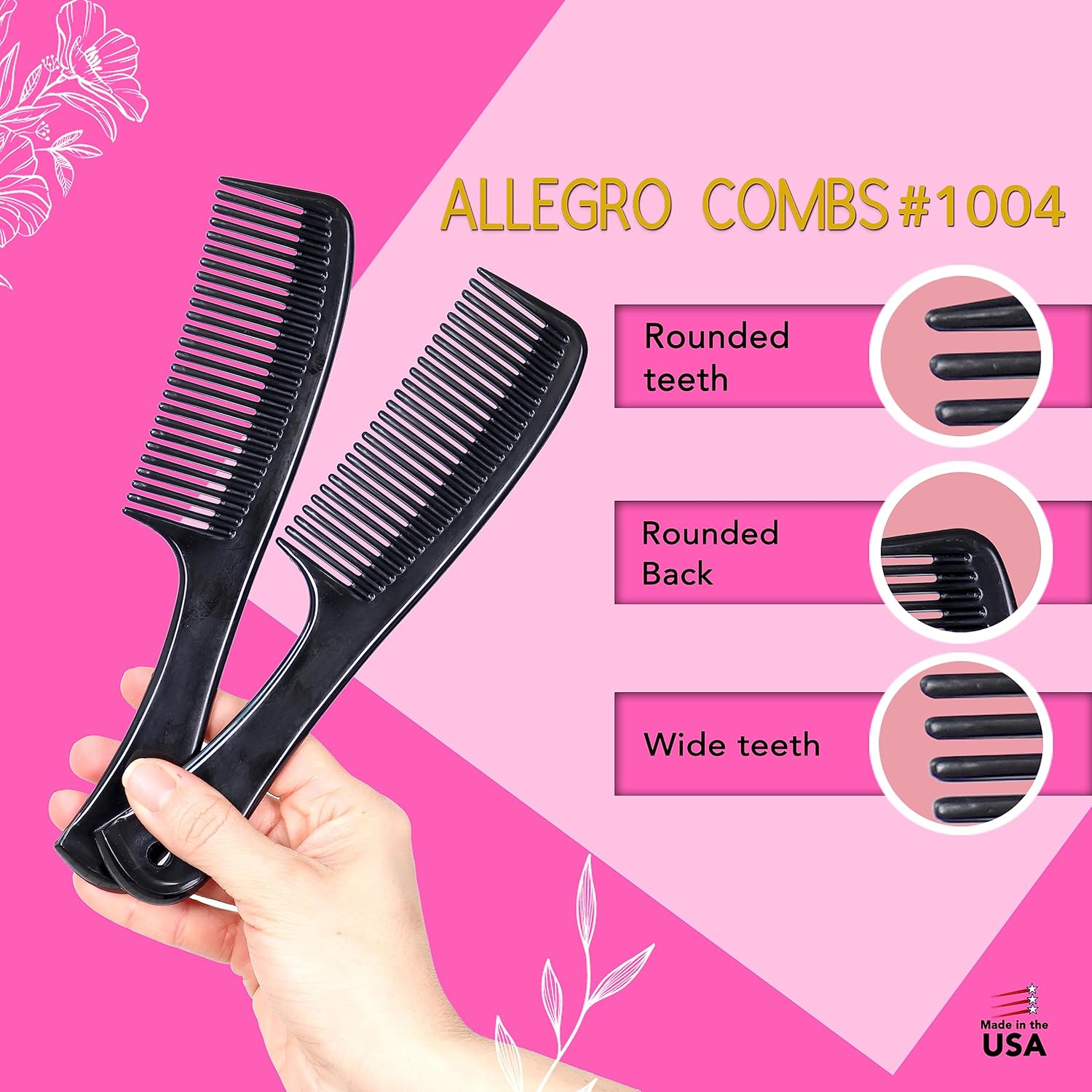 Allegro Comb 1004 Peines desenredantes de dientes anchos para mujeres, estilistas, peine de pelo rizado para hombre, 2 piezas (negro)