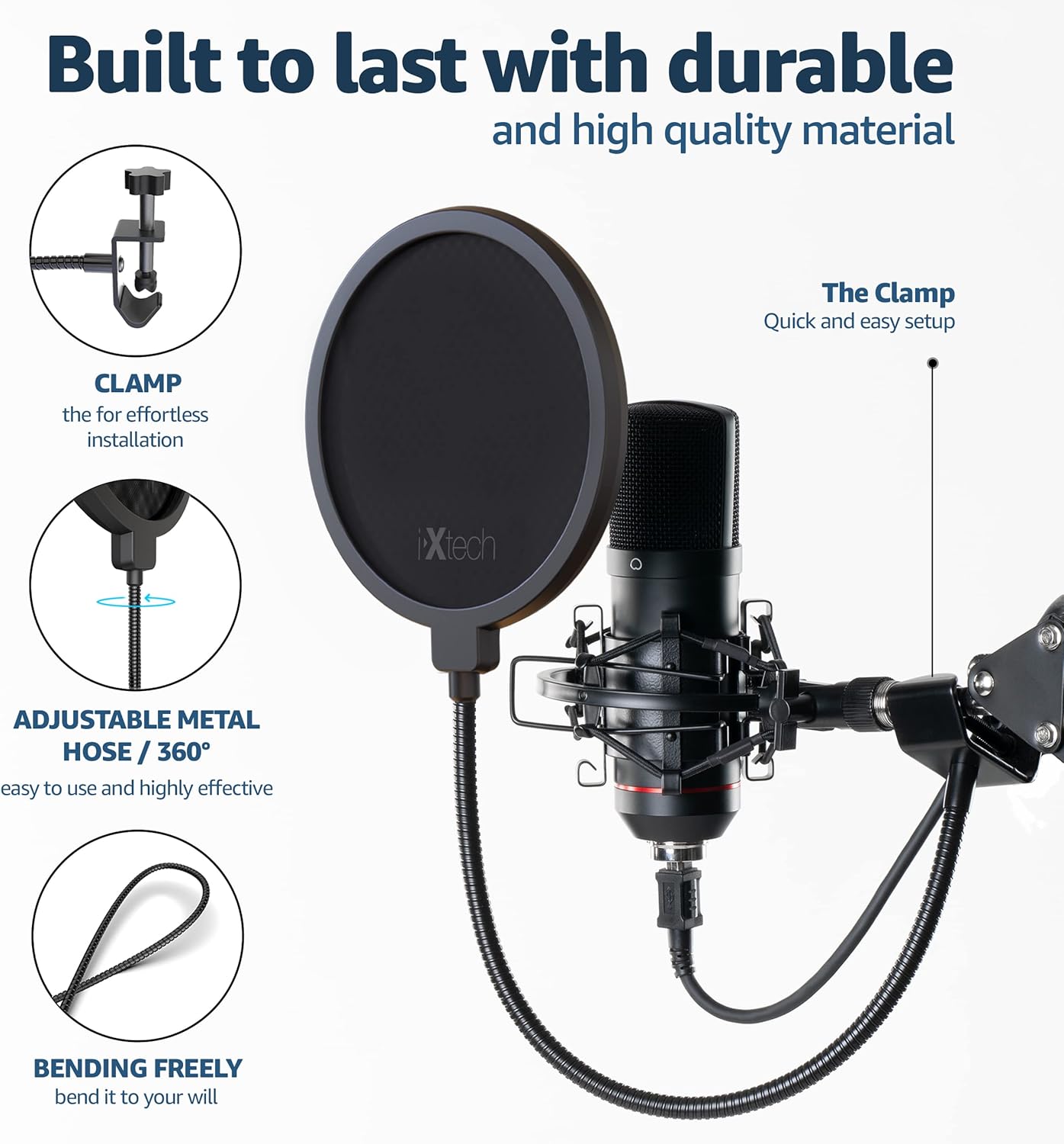 Ixtech Filtro pop para micrófono, filtro pop Blue Yeti, pantalla de doble capa con un clip flexible de cuello de cisne de 360 grados con