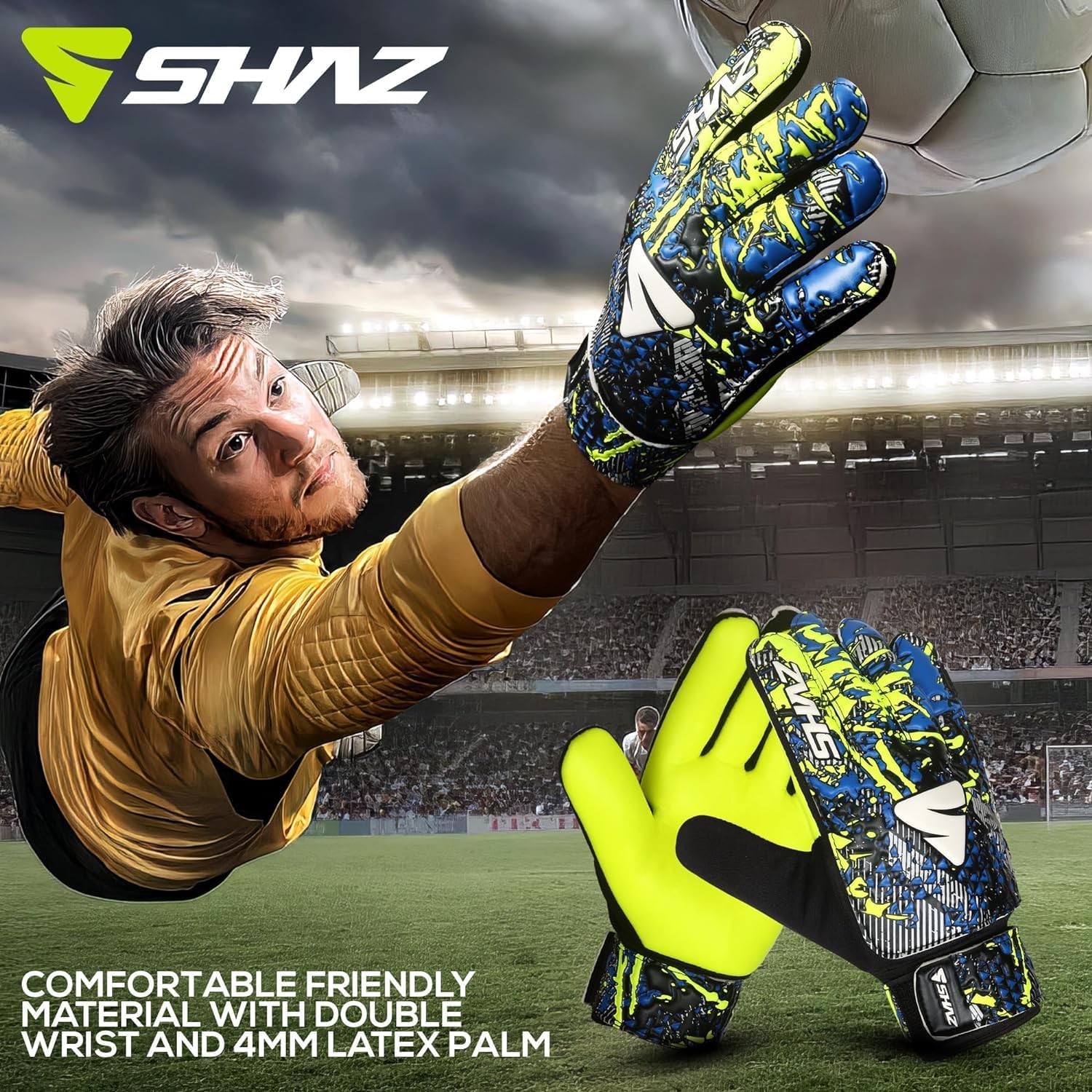 Shaz Guantes de portero de fútbol para niños y jóvenes, guantes de portero de fútbol Funky antideslizantes de 0.157 in con palma de látex con agarre