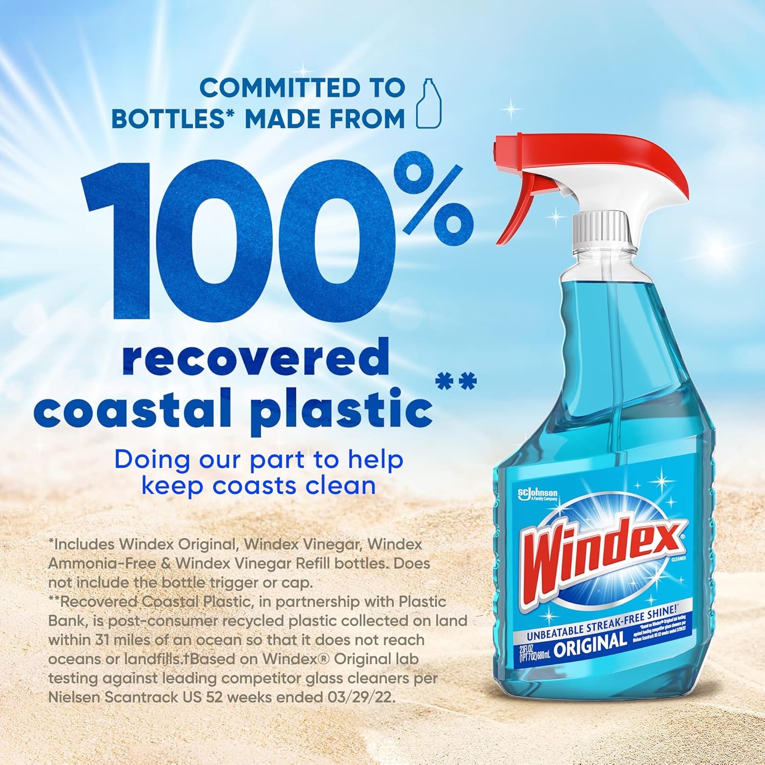 Windex Botella de spray limpiador de vidrio y ventanas, nuevo embalaje diseñado para evitar fugas y roturas, color azul original, 23 onzas líquidas